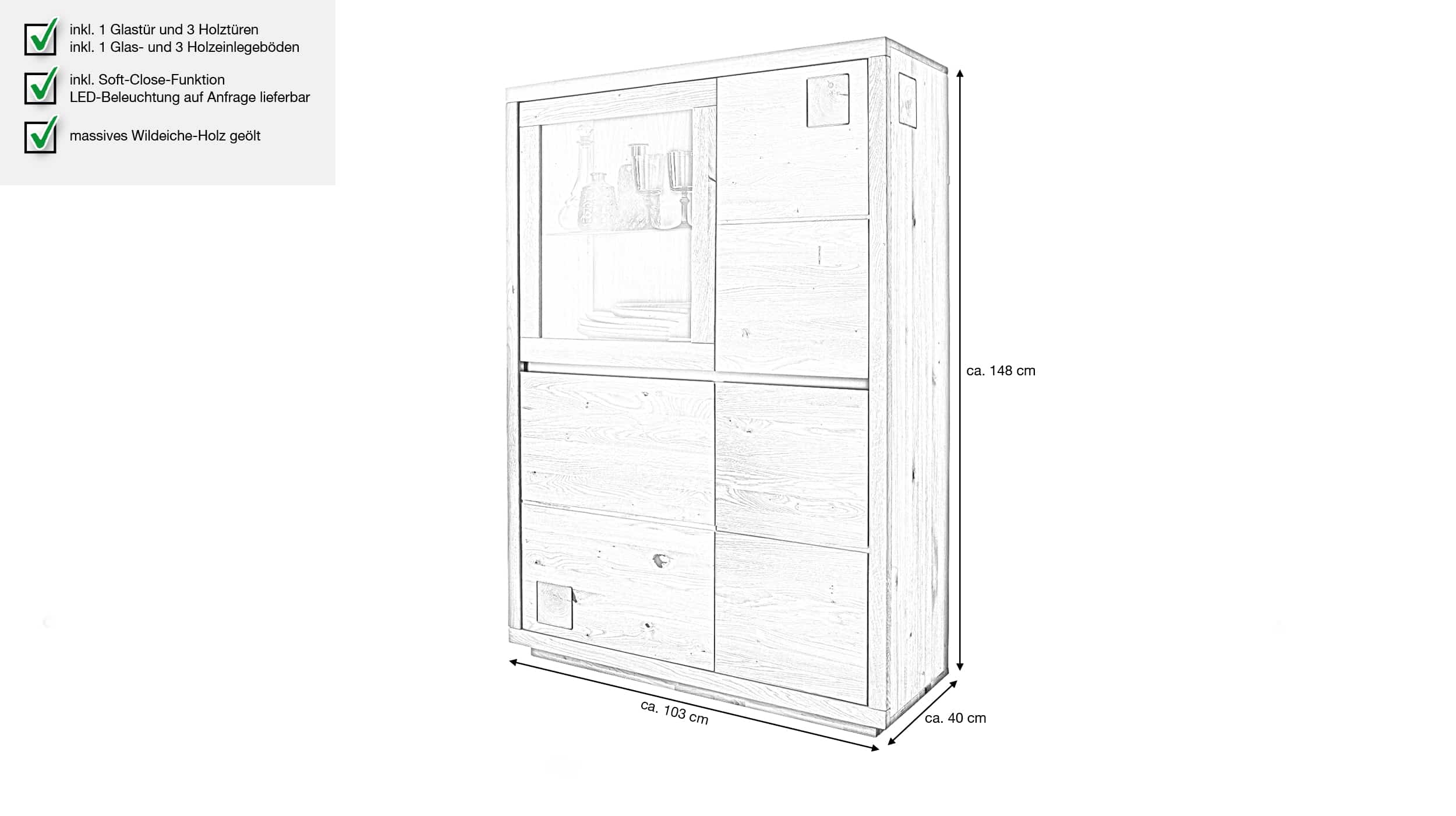 Highboard mit Glastür Wildeiche massiv geölt 103 cm - GIRONA