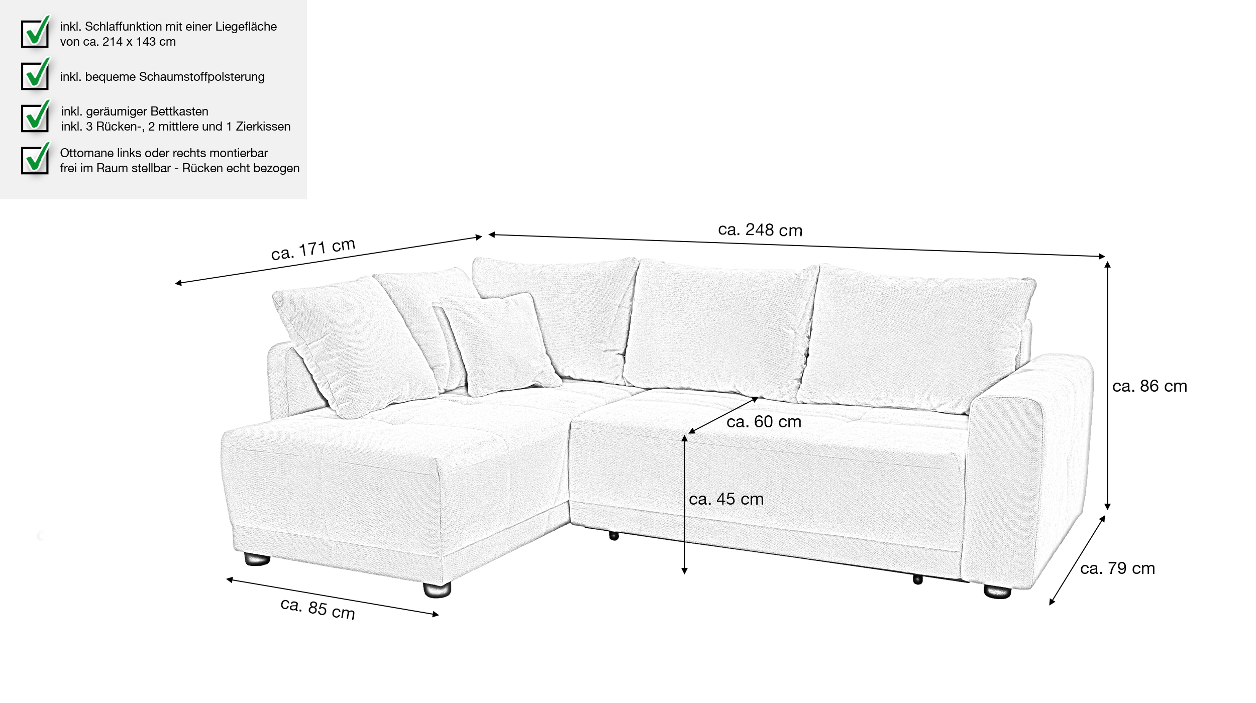 Ecksofa grau Schlaffunktion Bettkasten 248 x 171 cm - BRAVINO