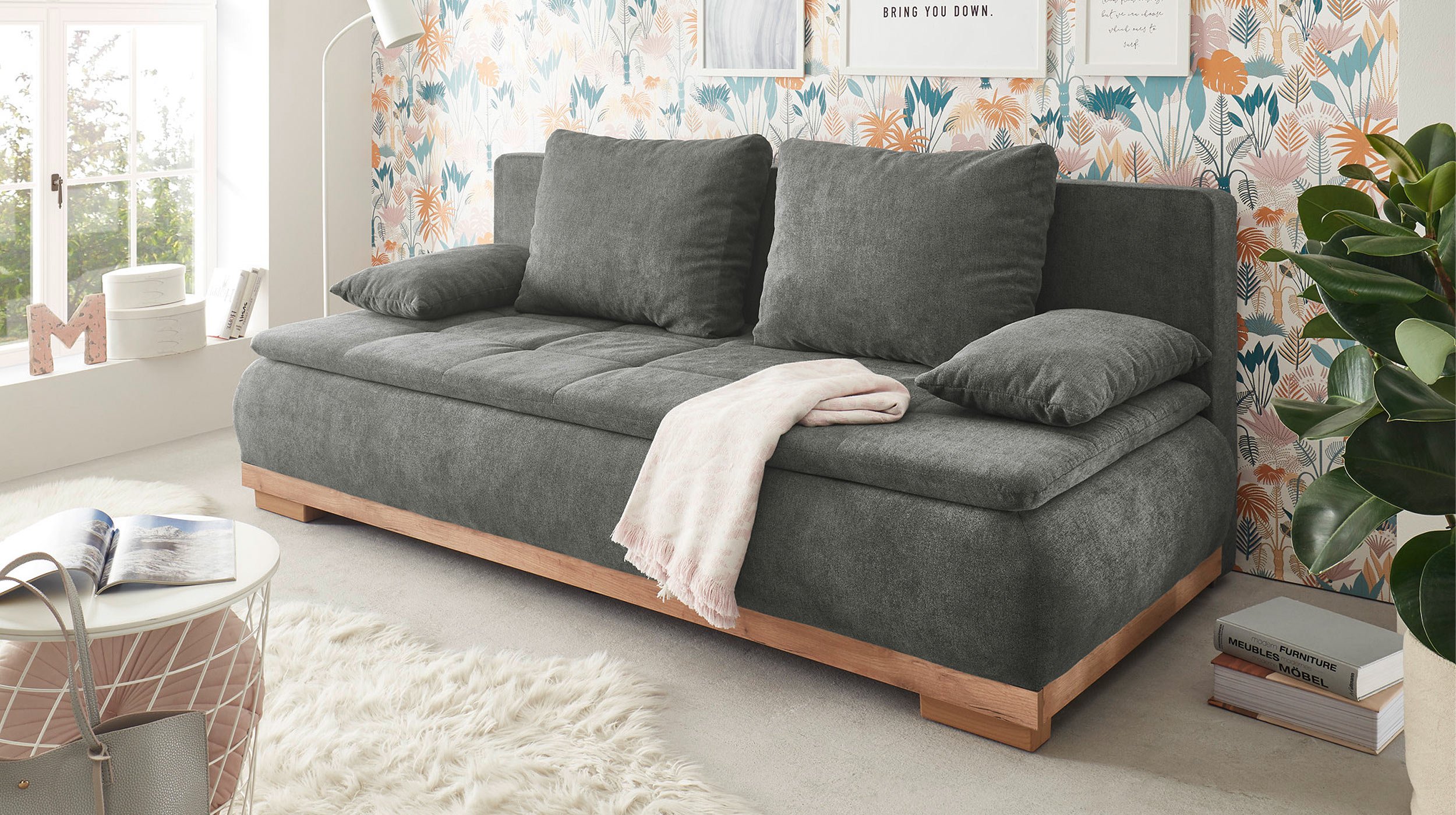 Schlafsofa grau mit Bettkasten Federkern 208 x 105 cm - AMBRA