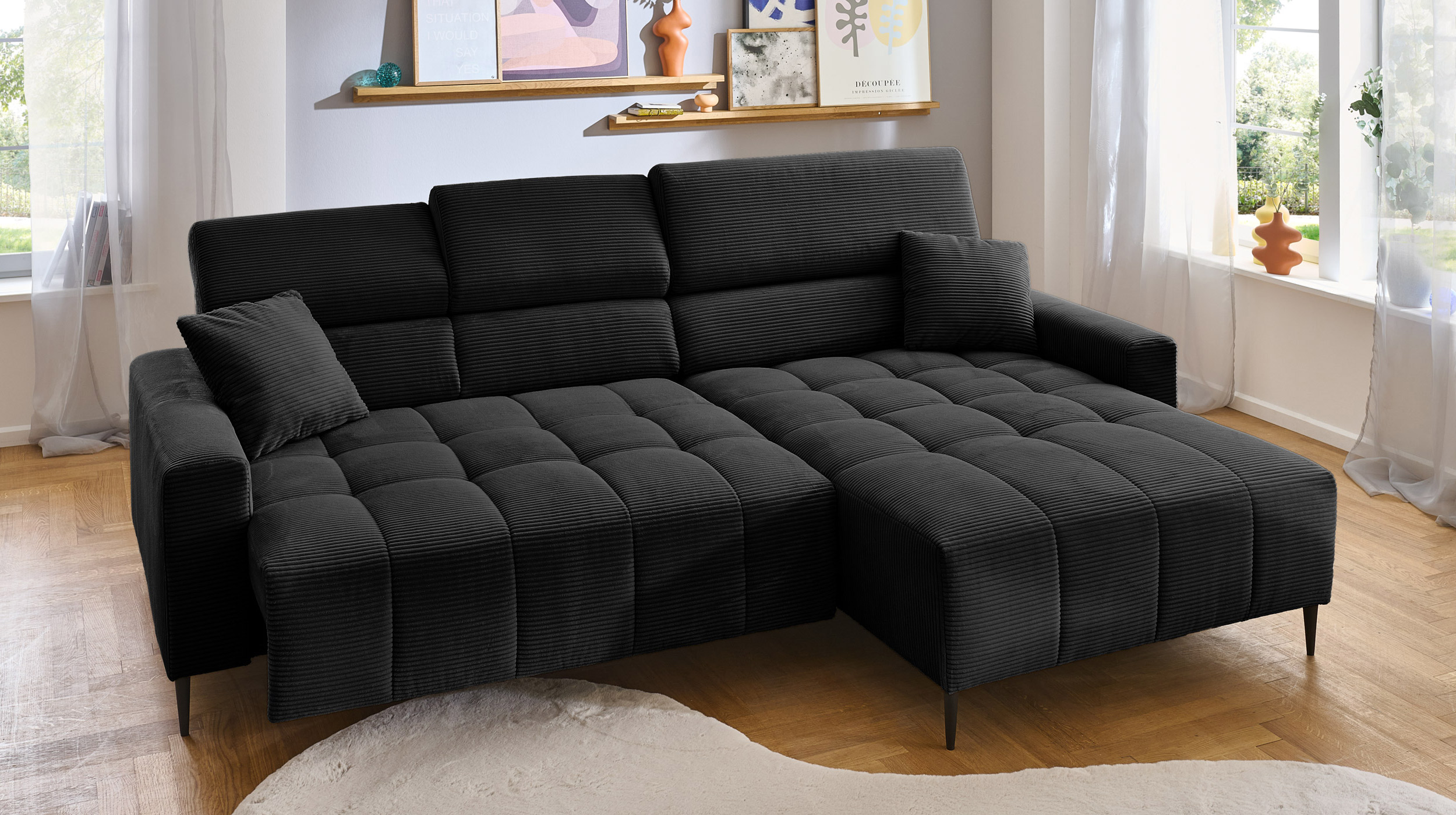 Ecksofa Cord schwarz ausziehbar - Sitztiefenverstellung 256 cm - OT rechts - SIMPLE