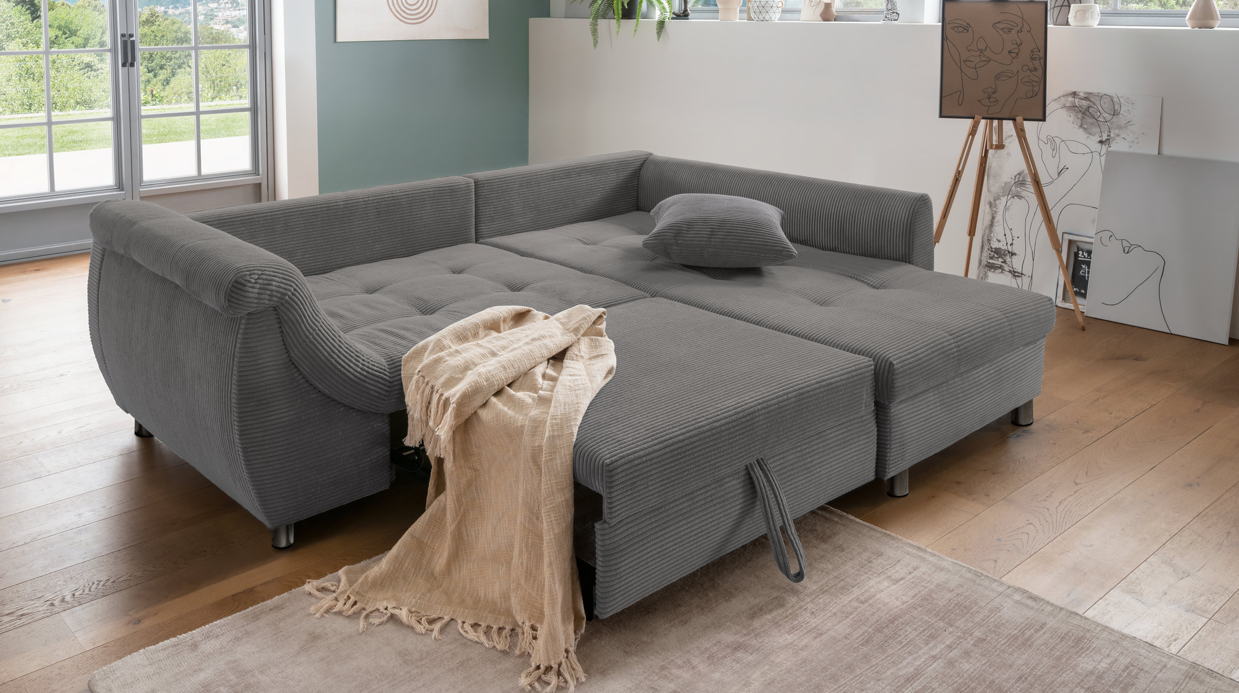 Ecksofa Cord grau Schlaffunktion Bettkasten OT rechts - LUNARO