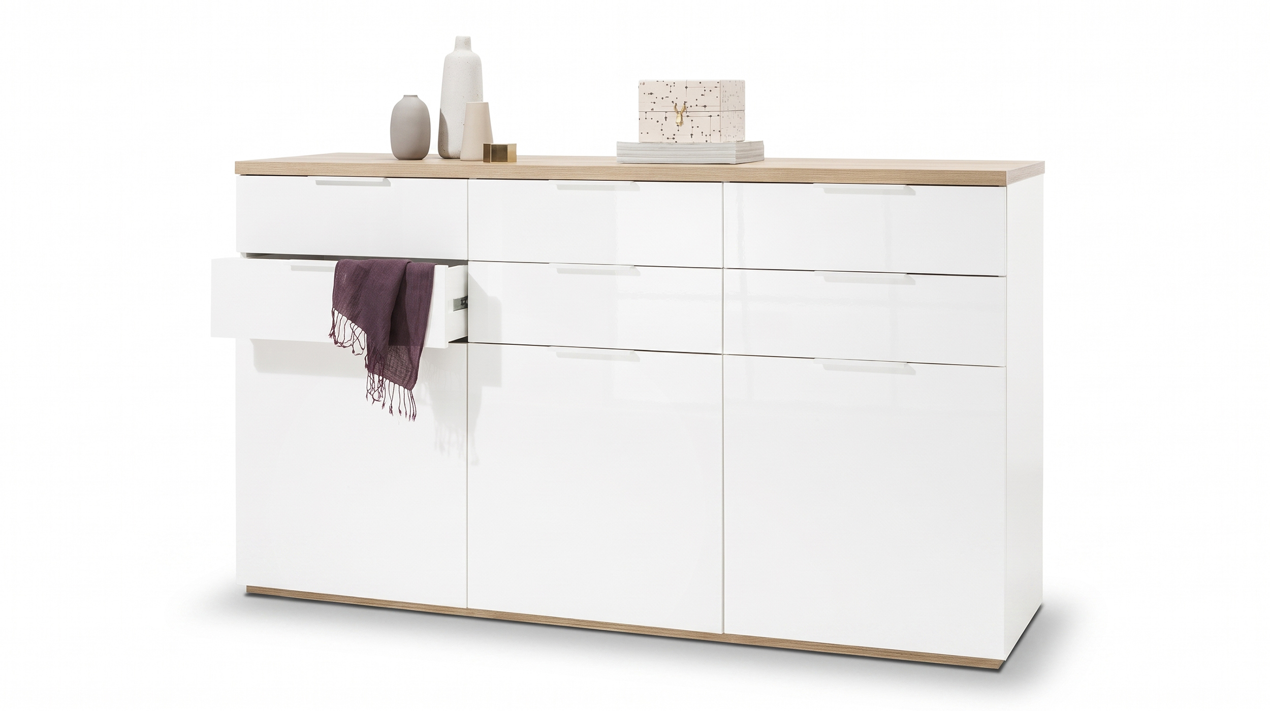 Kommode 180 cm Weiß Hochglanz mit Riviera-Eiche-Dekor - MUNDI