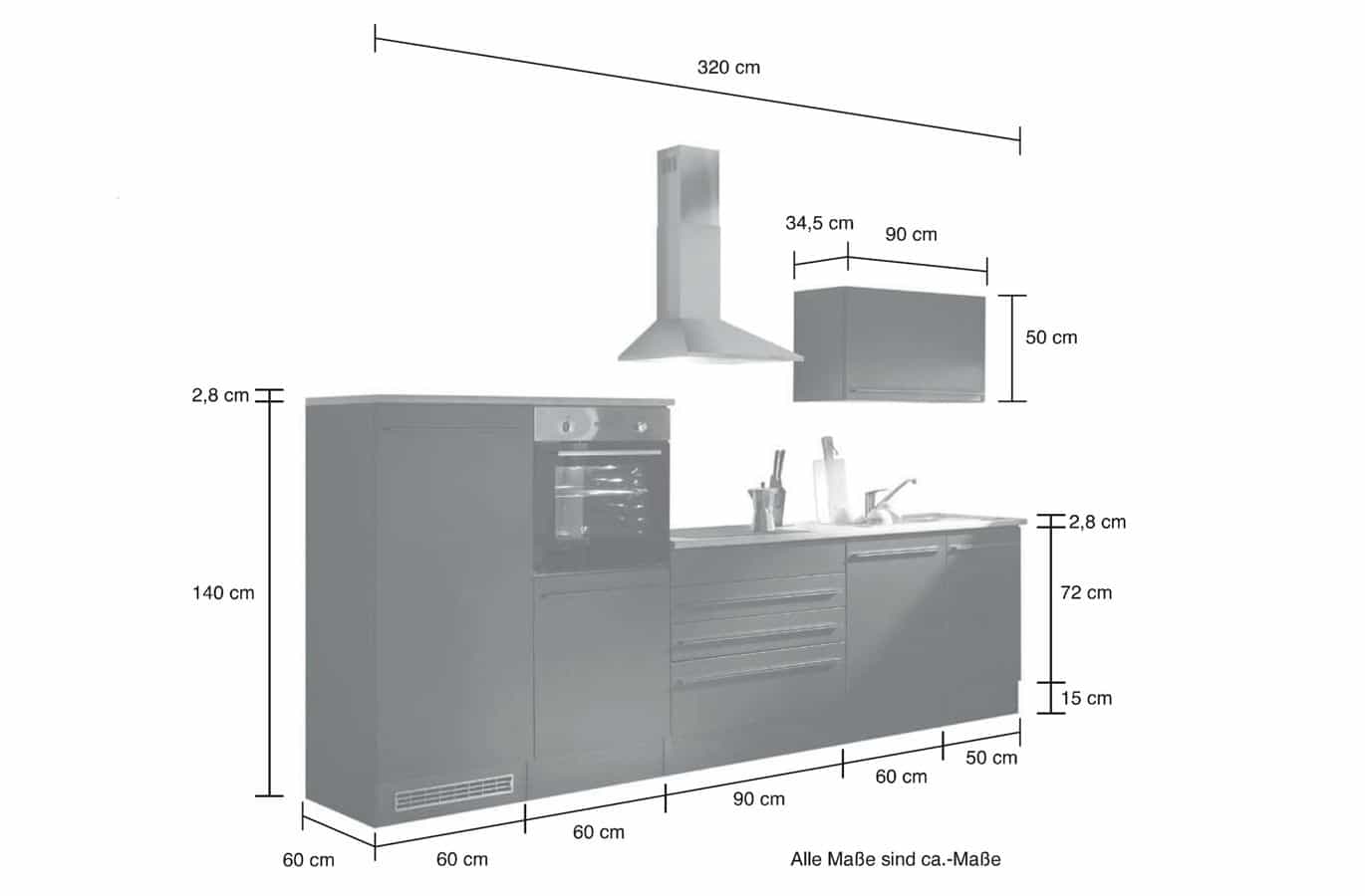 Küchenzeile 320 cm - - Küchenfronten - Geschirrspüler matt JAZZ mit