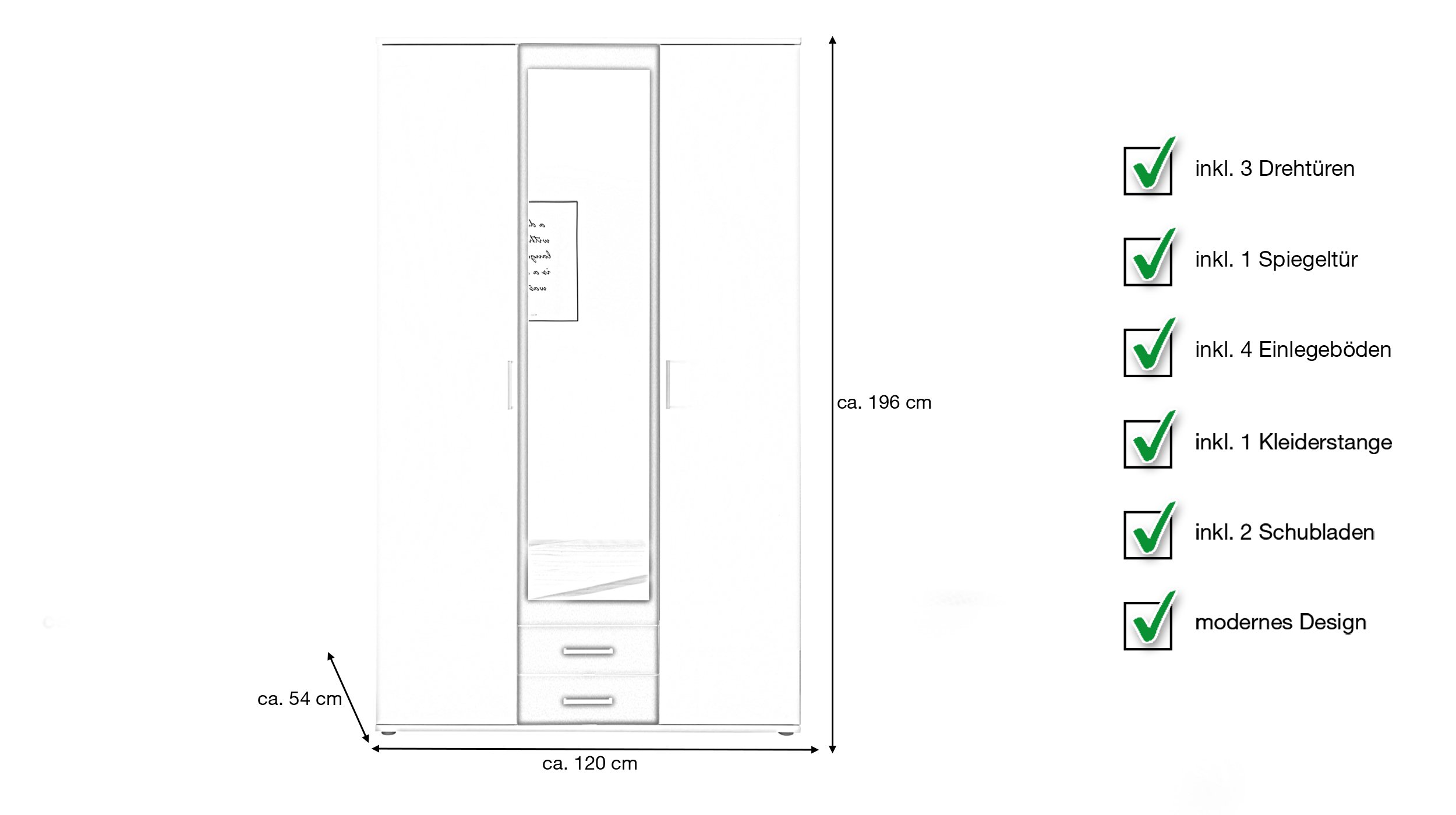 Kleiderschrank mit Spiegel - weiß - graphit - 120 cm - HANAU