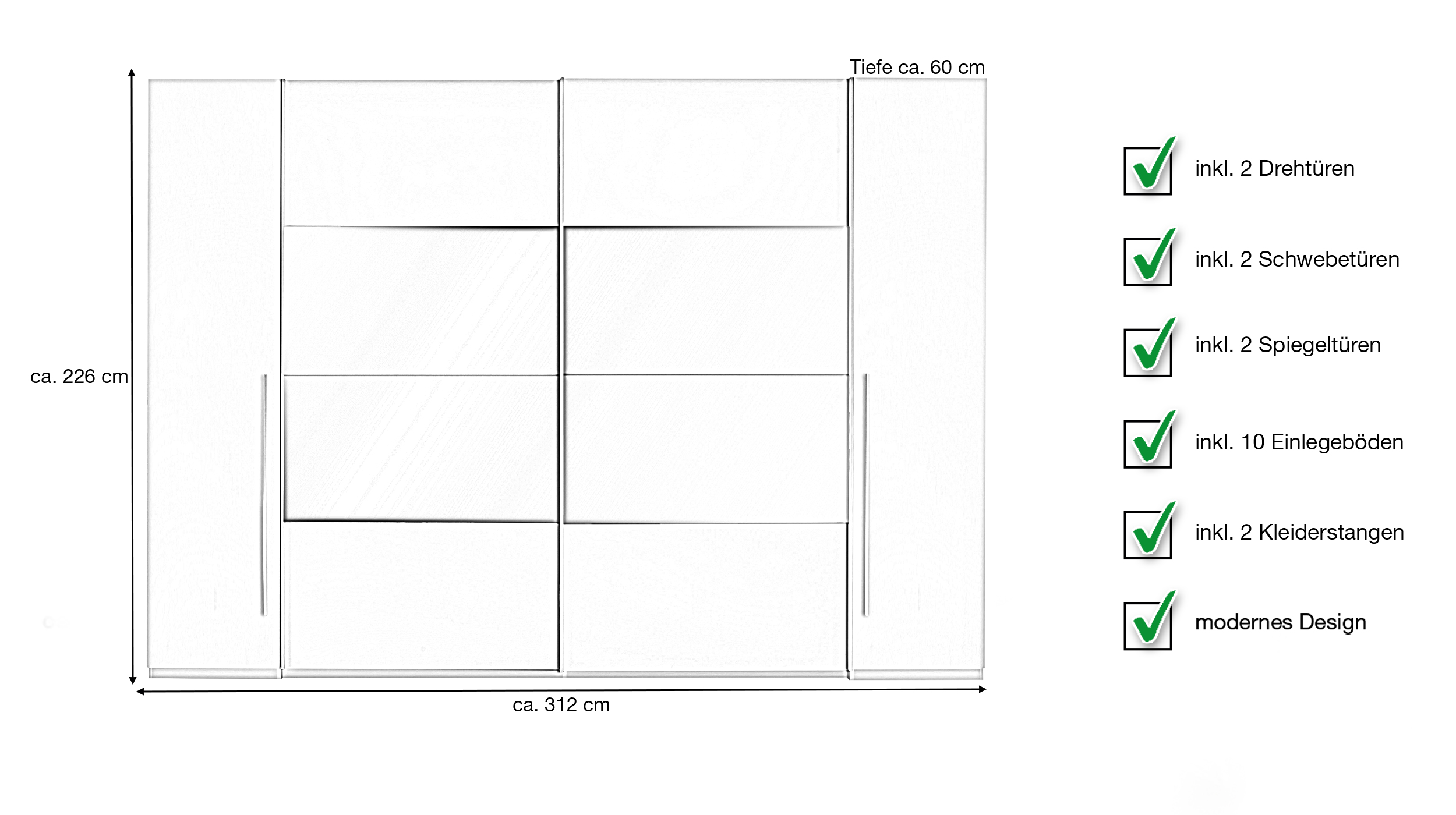 Kleiderschrank mit Spiegel - weiß - 312 cm - MEGA