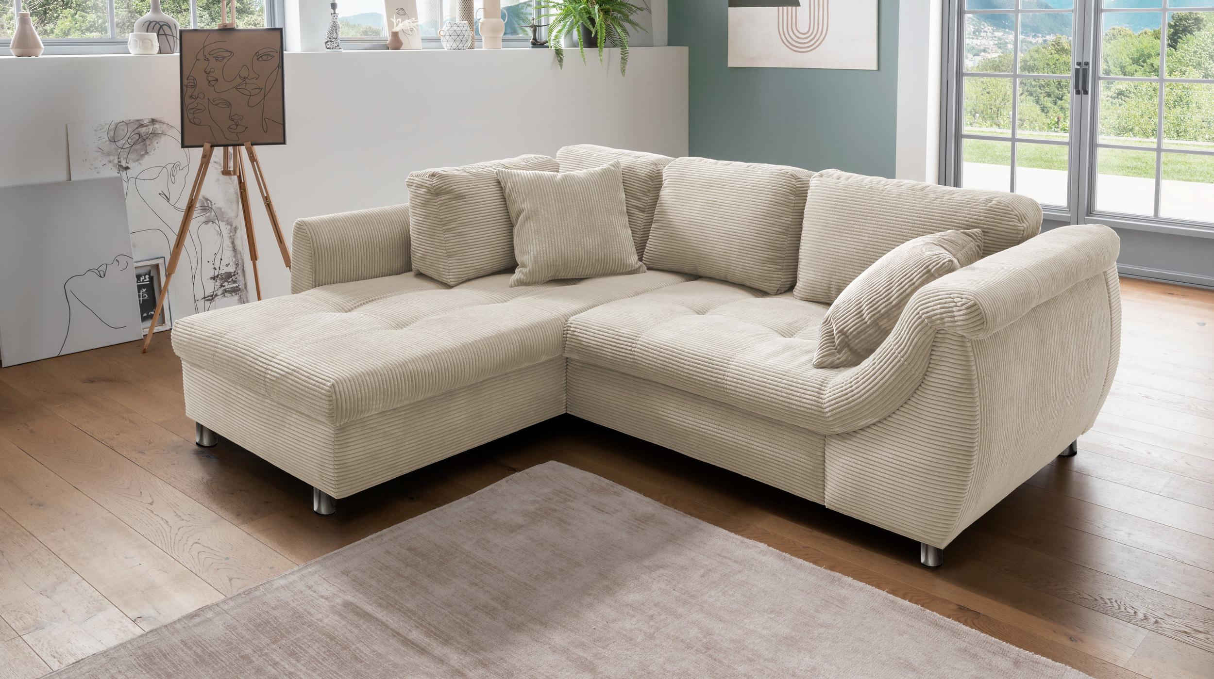 Ecksofa Cord beige Schlaffunktion Bettkasten OT links - LUNARO