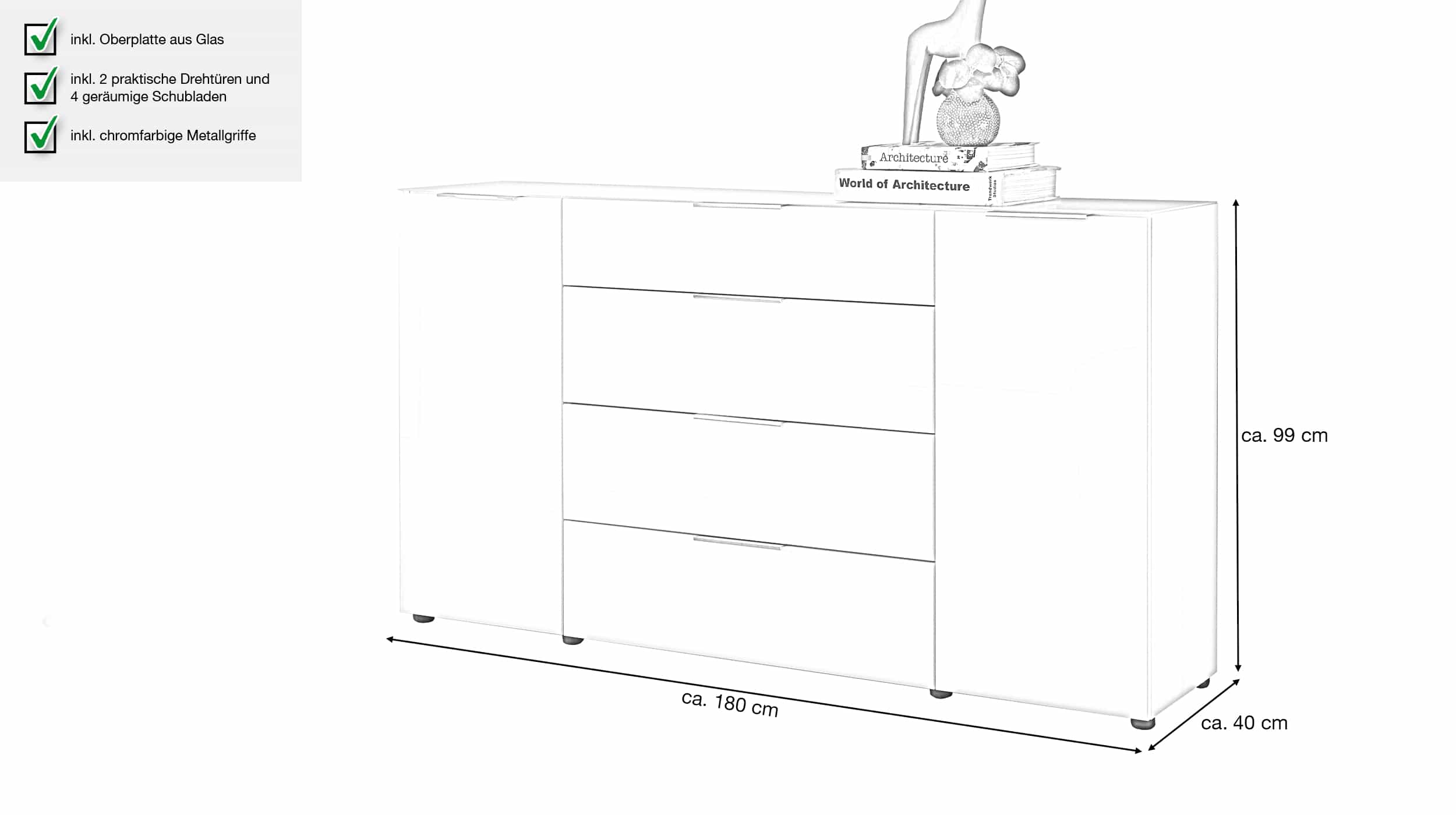 Sideboard mit 4 Schubladen - weiß Glas 180 cm - SANTORIN