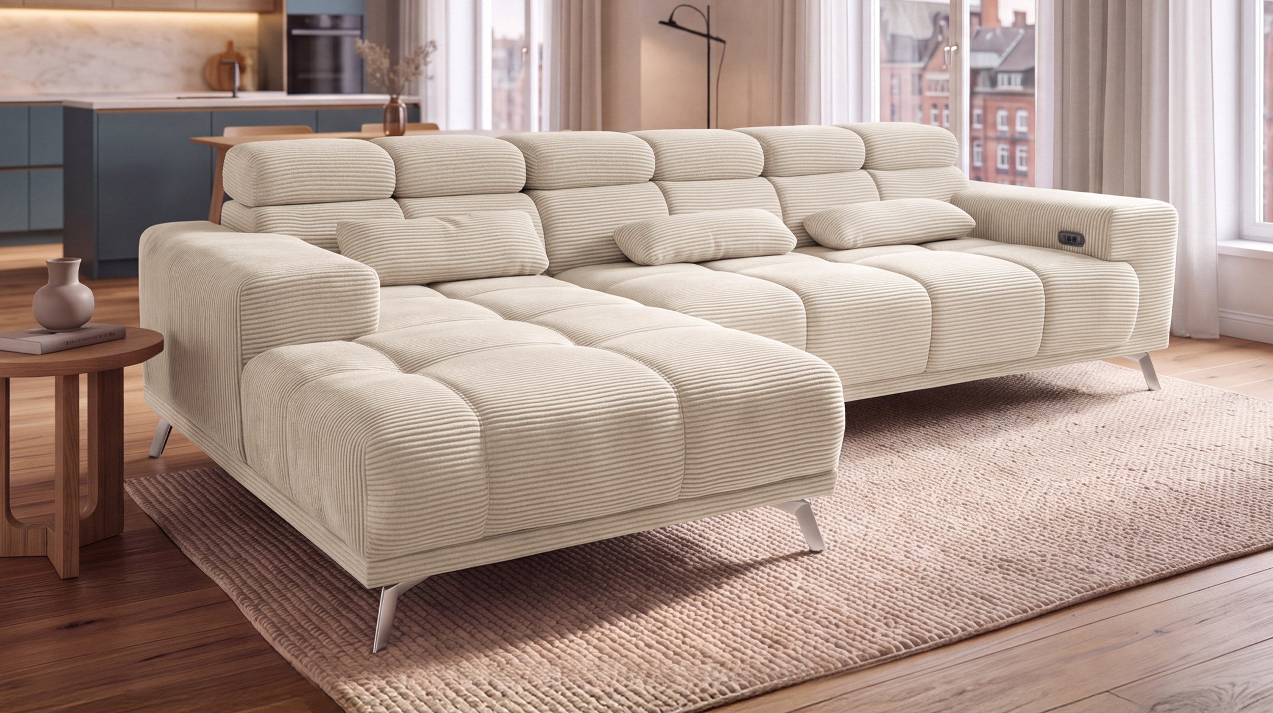 Ecksofa Cord beige elektrisch ausfahrbar 285 cm - OT links - SPEED