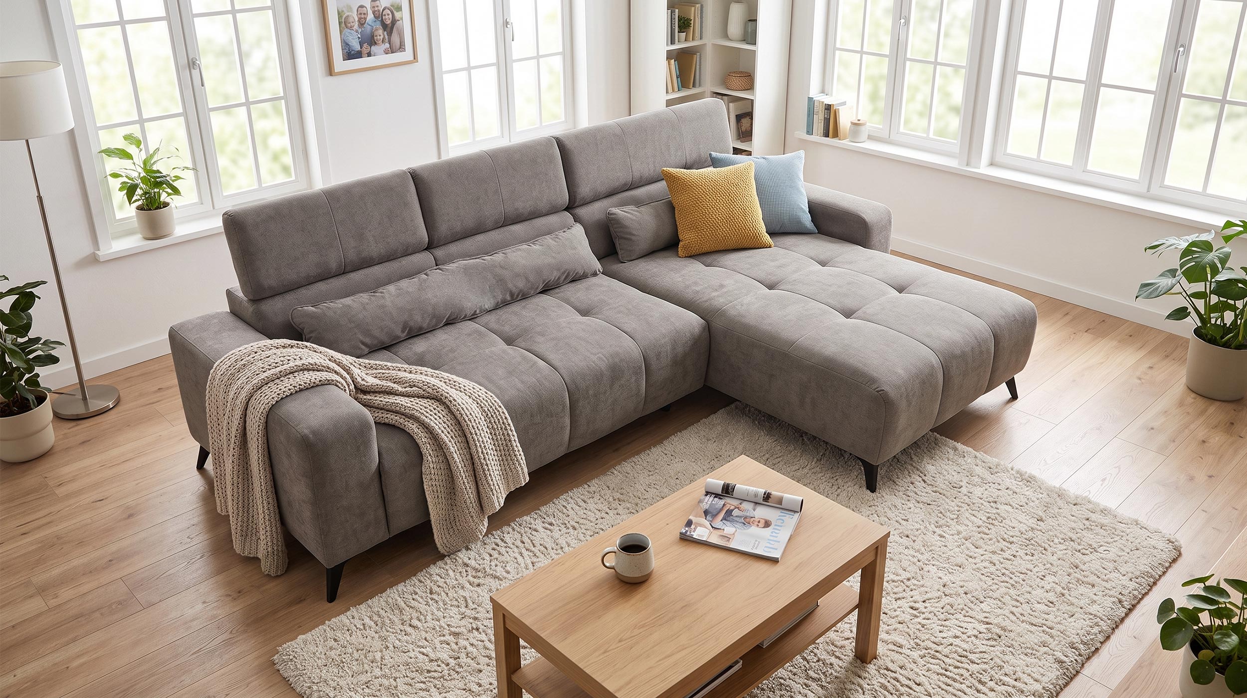 Ecksofa grau 267 cm mit XXL-Sitztiefenverstellung - OT rechts - BALI