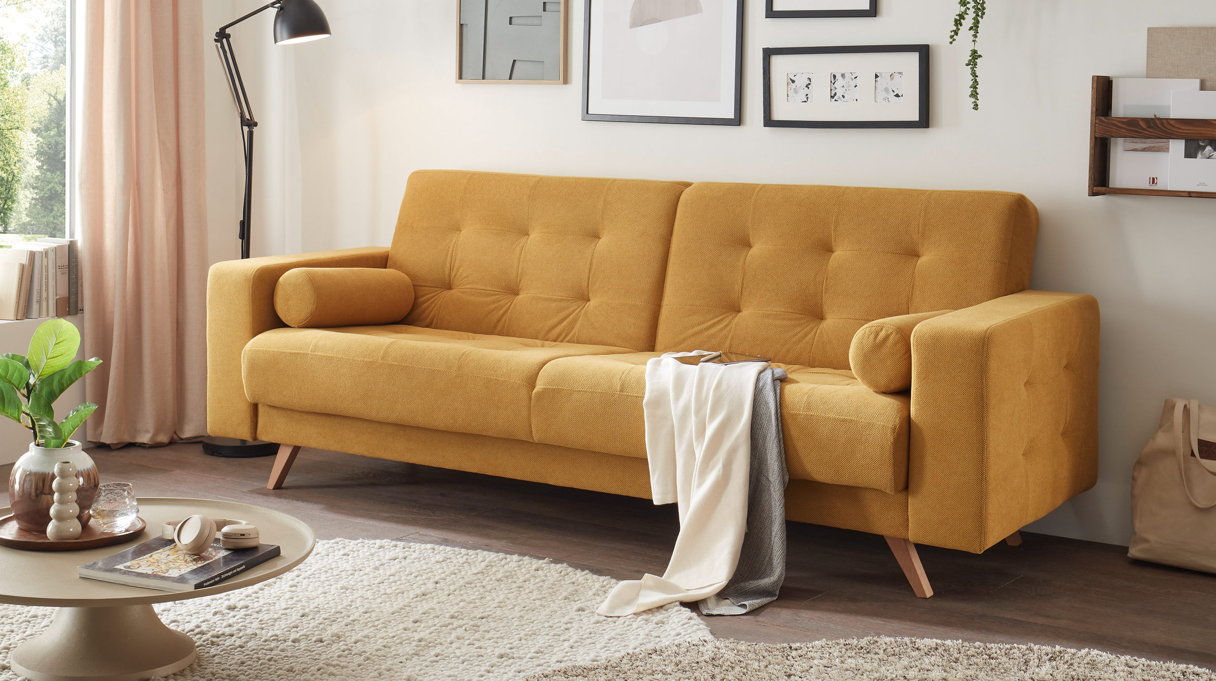 Einzelsofa 3-Sitzer gelb Schlaffunktion Bettkasten 230 cm - TRANDAL