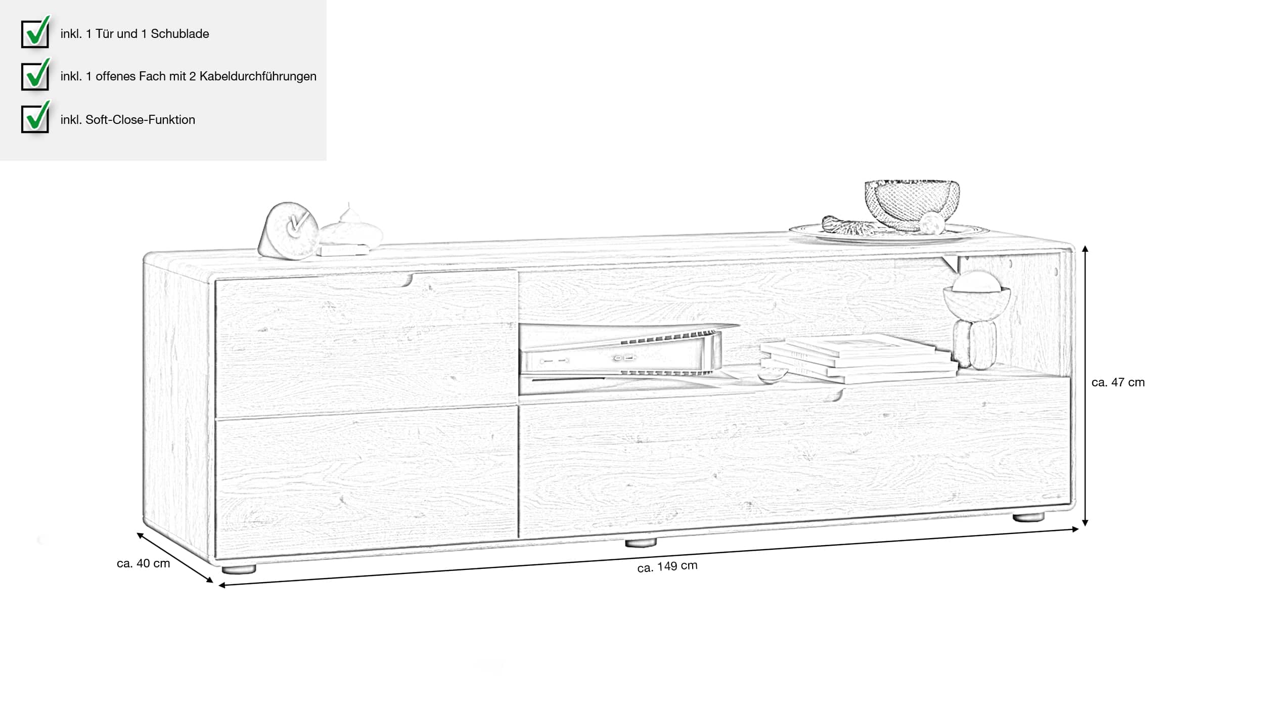 TV - Lowboard Wildeiche massiv geölt 149 cm - LUCAS 