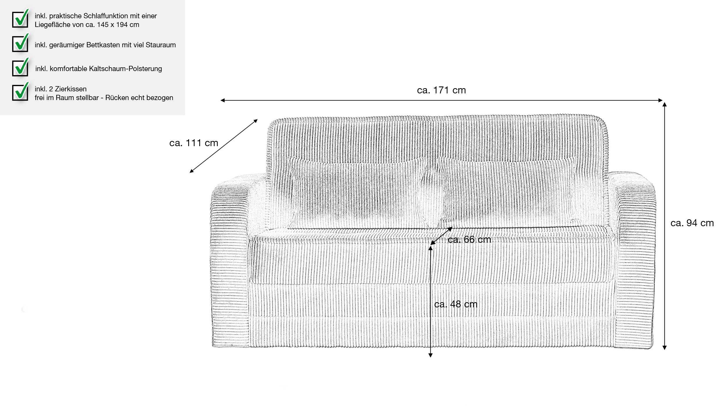 Schlafsofa Cord anthrazit Bettkasten ausziehbar 171 cm - MOLERON
