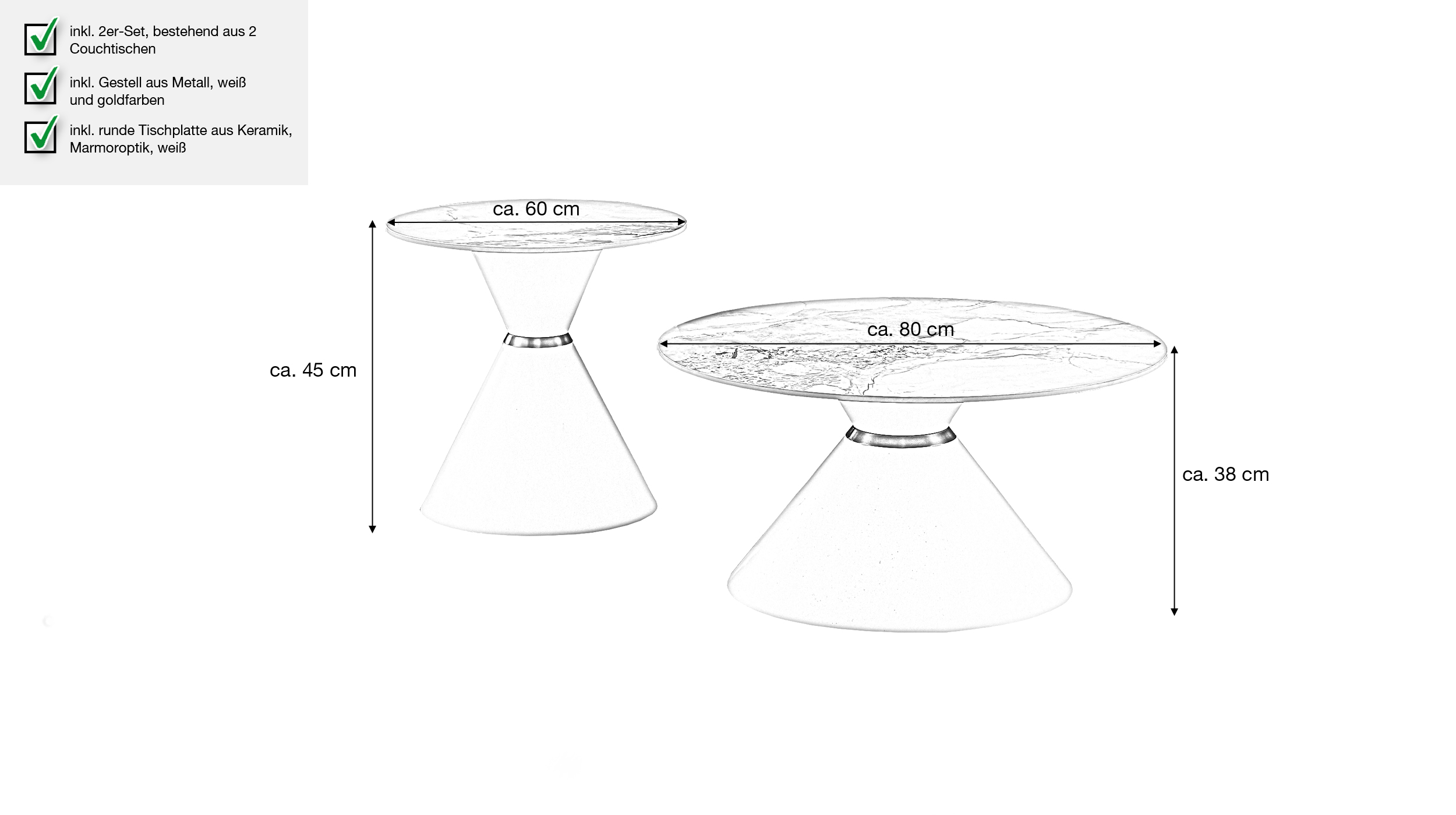 Couchtisch 2er-Set Marmoroptik weiß hochglanz - 80 cm - 60 cm - BASILA