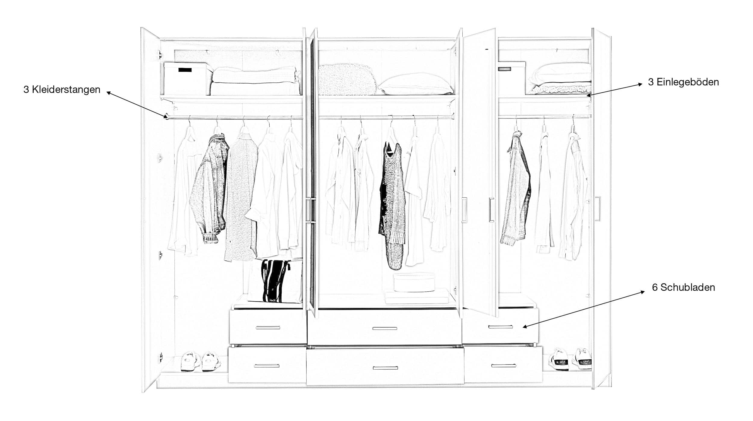 Kleiderschrank weiß mit Spiegel - 271 cm - 6-türig - ELVA