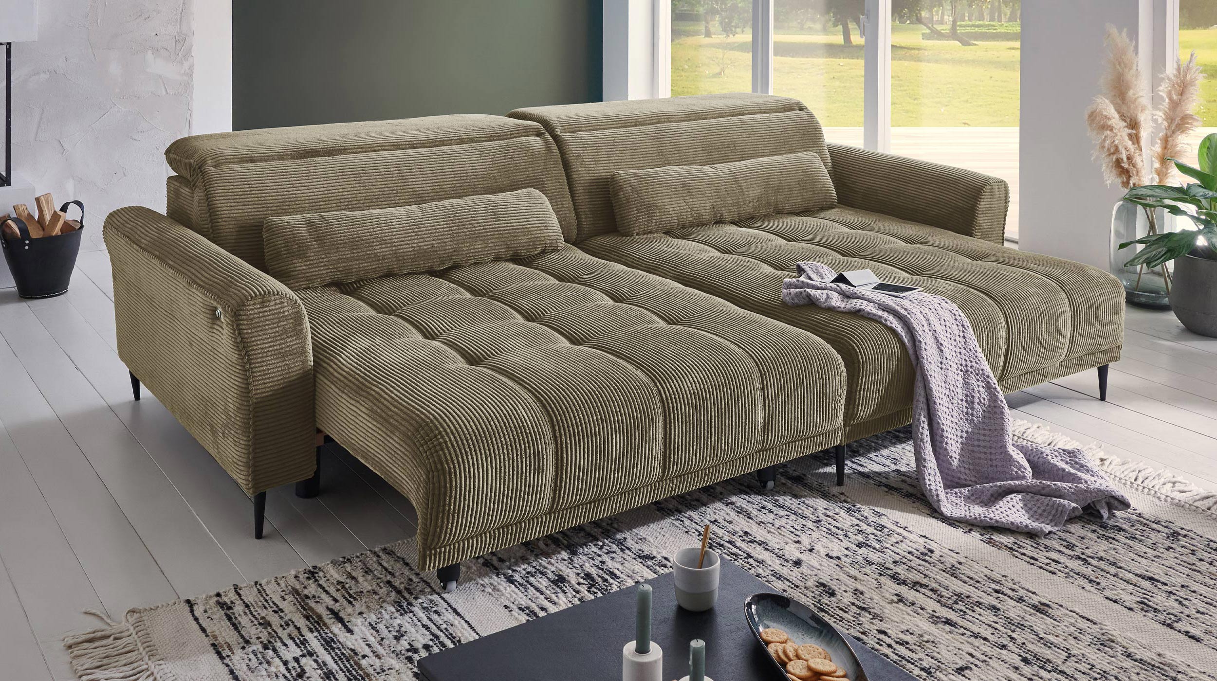 Ecksofa Cord grün ausziehbar - Sitztiefenverstellung - 277 cm - OT rechts - LOGAN