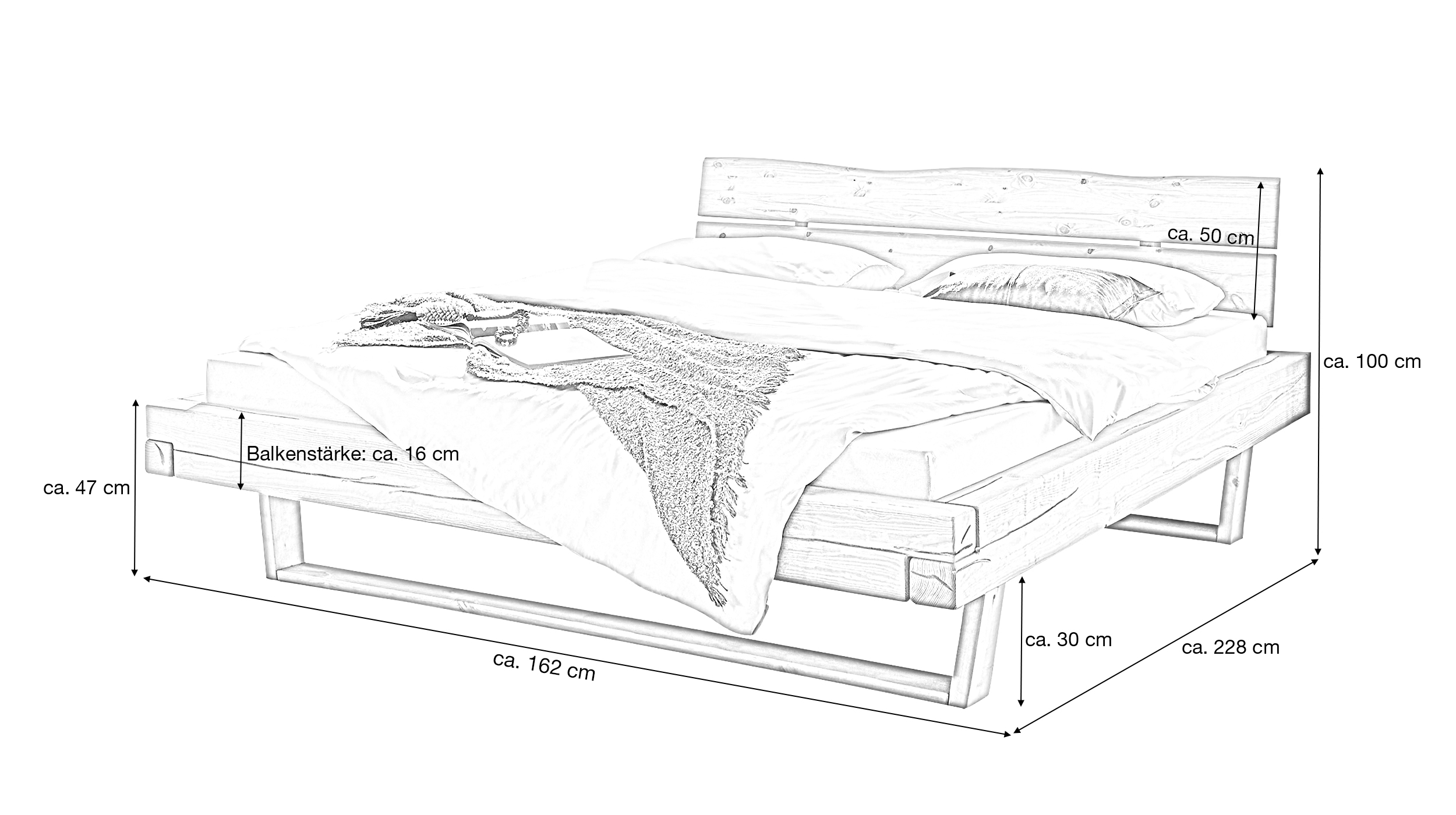 Balkenbett 140 cm Kiefer massiv Holzbeine - LIVAN