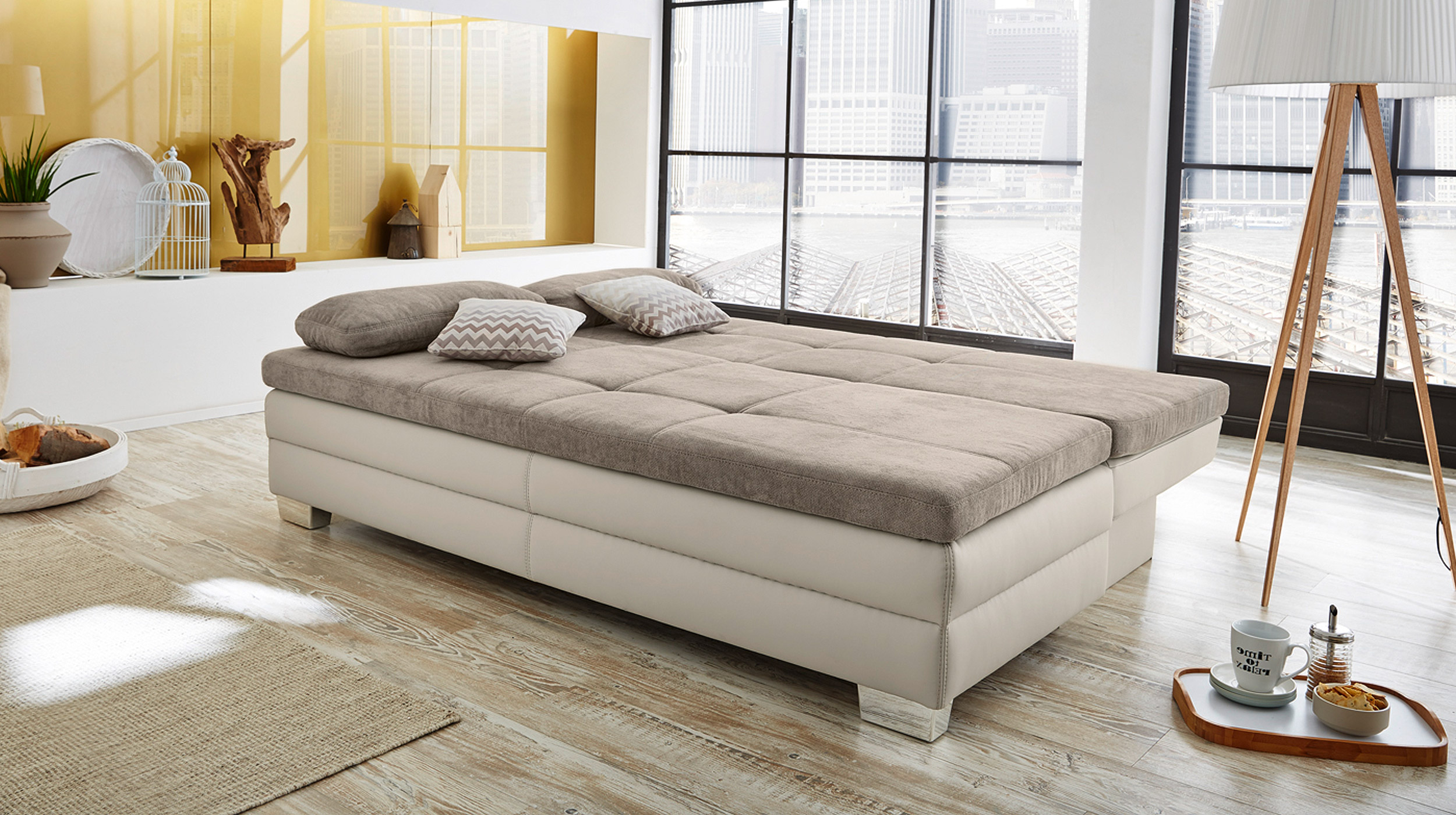 Schlafsofa Bettkasten Dauerschläfer beige 203 cm - LESLO