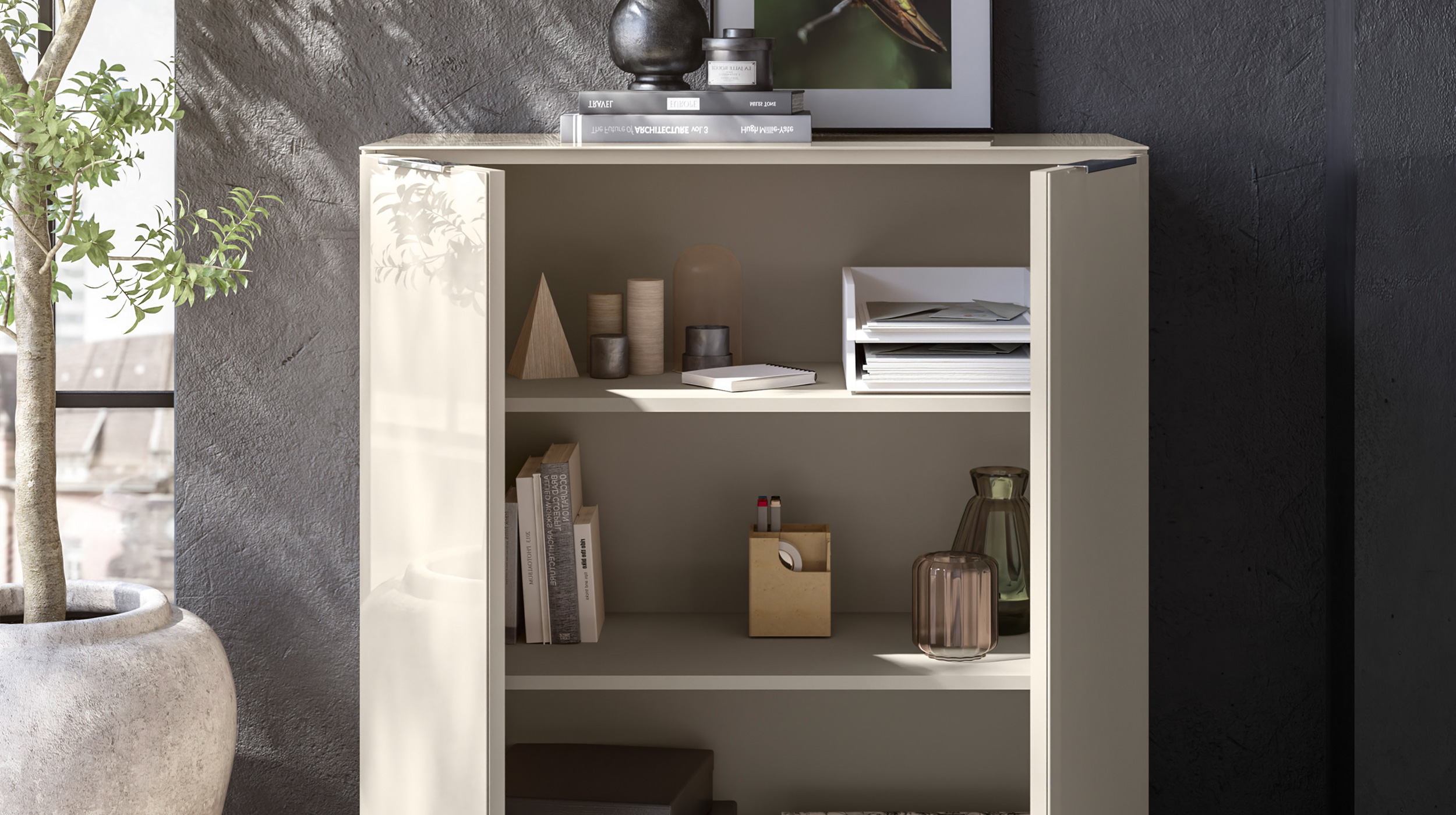 Kommode - beige - Glasfront - 90 x 40 cm - SANTORIN