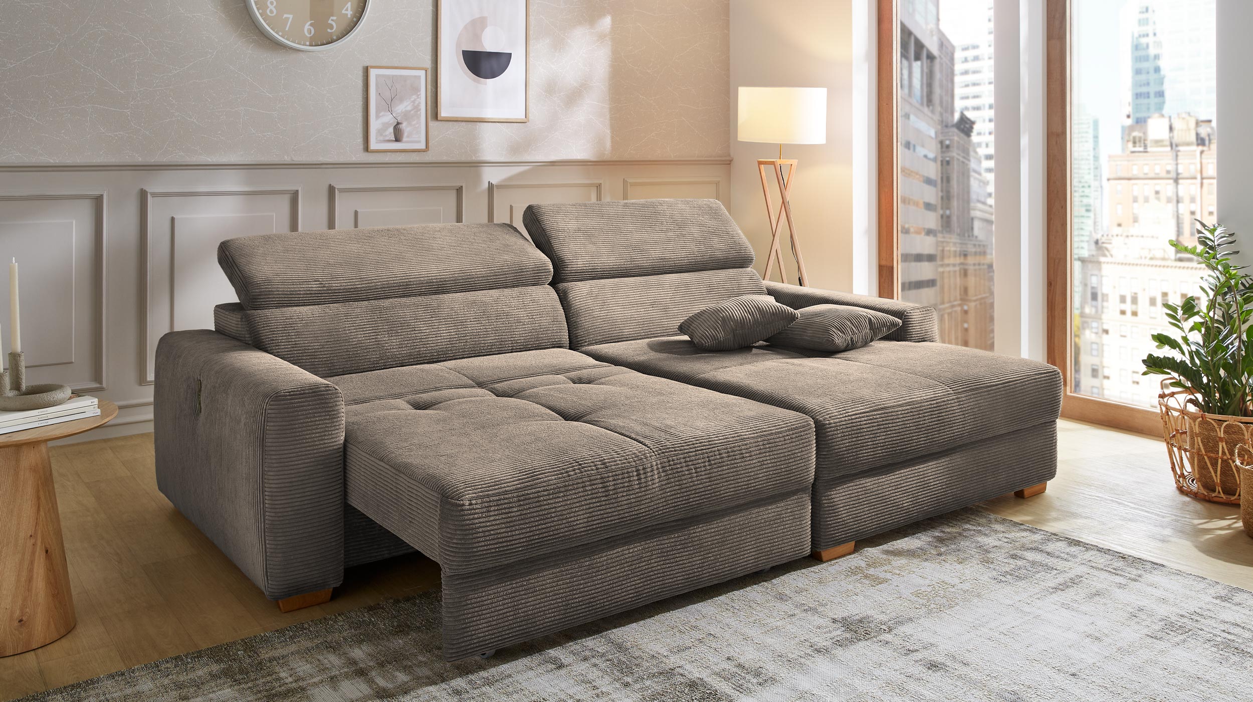 Ecksofa Cord taupe ausziehbar - Sitztiefenverstellung 277 cm - SLIDER
