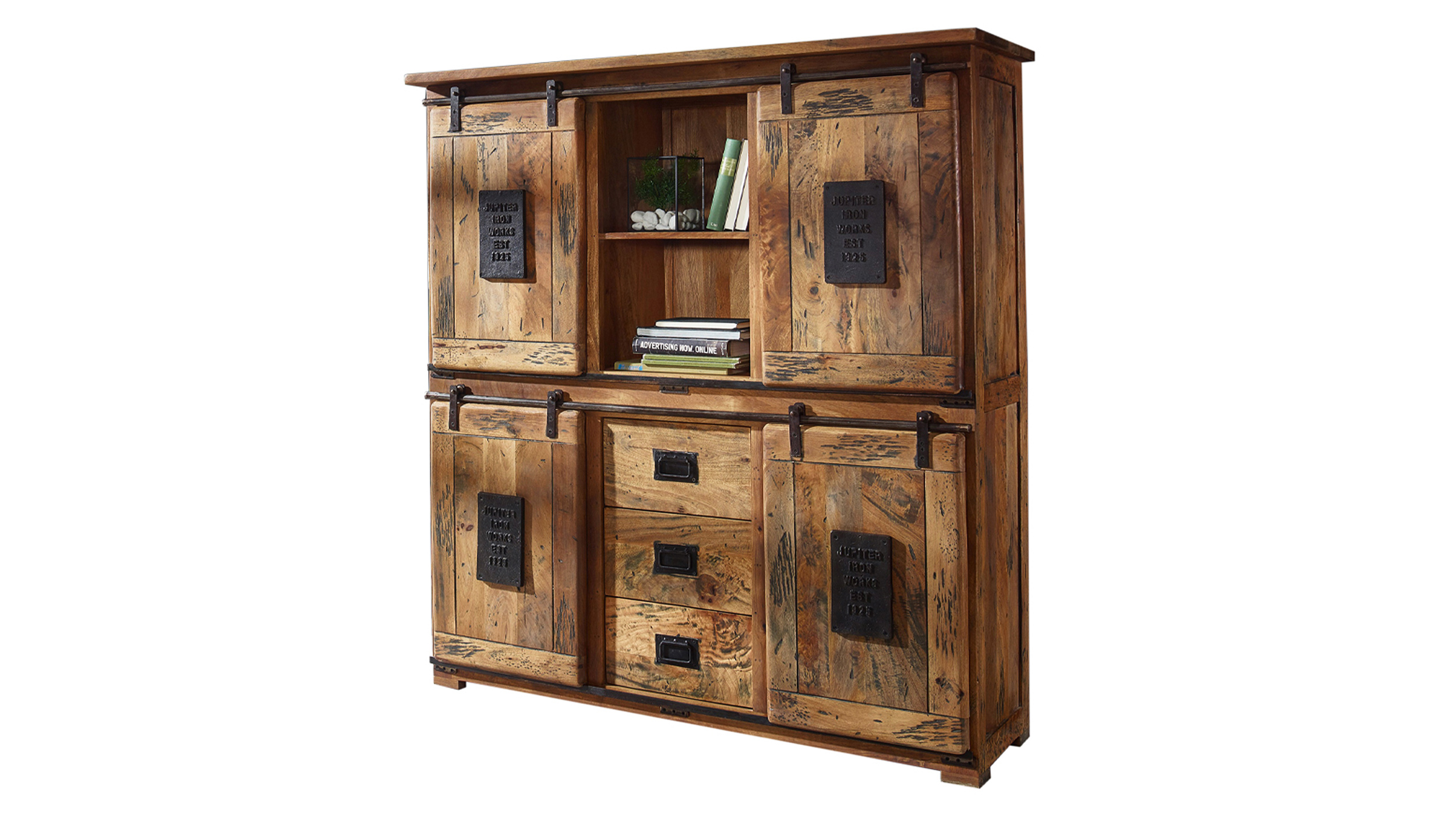 Highboard mit 4 Rolltüren Mango massiv 150 cm - montiert - EMANUEL