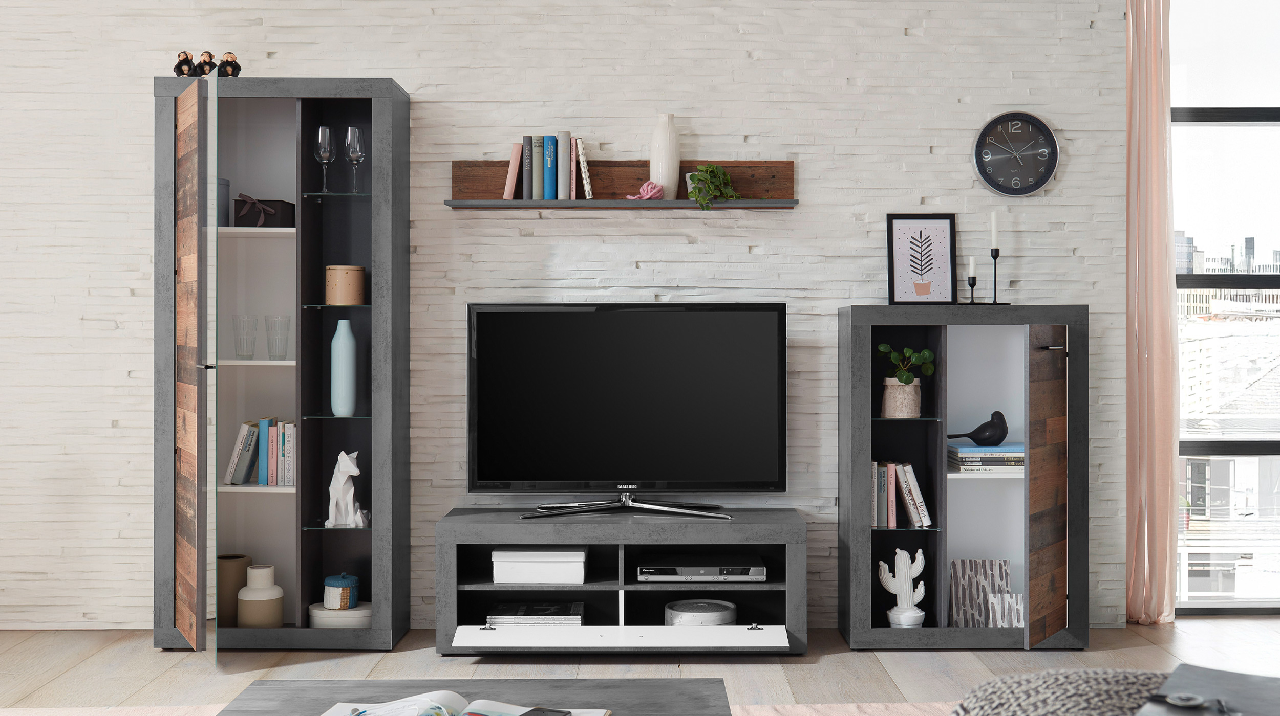 Wohnwand Old Wood - grau 305 cm Anbauwand - FULDA