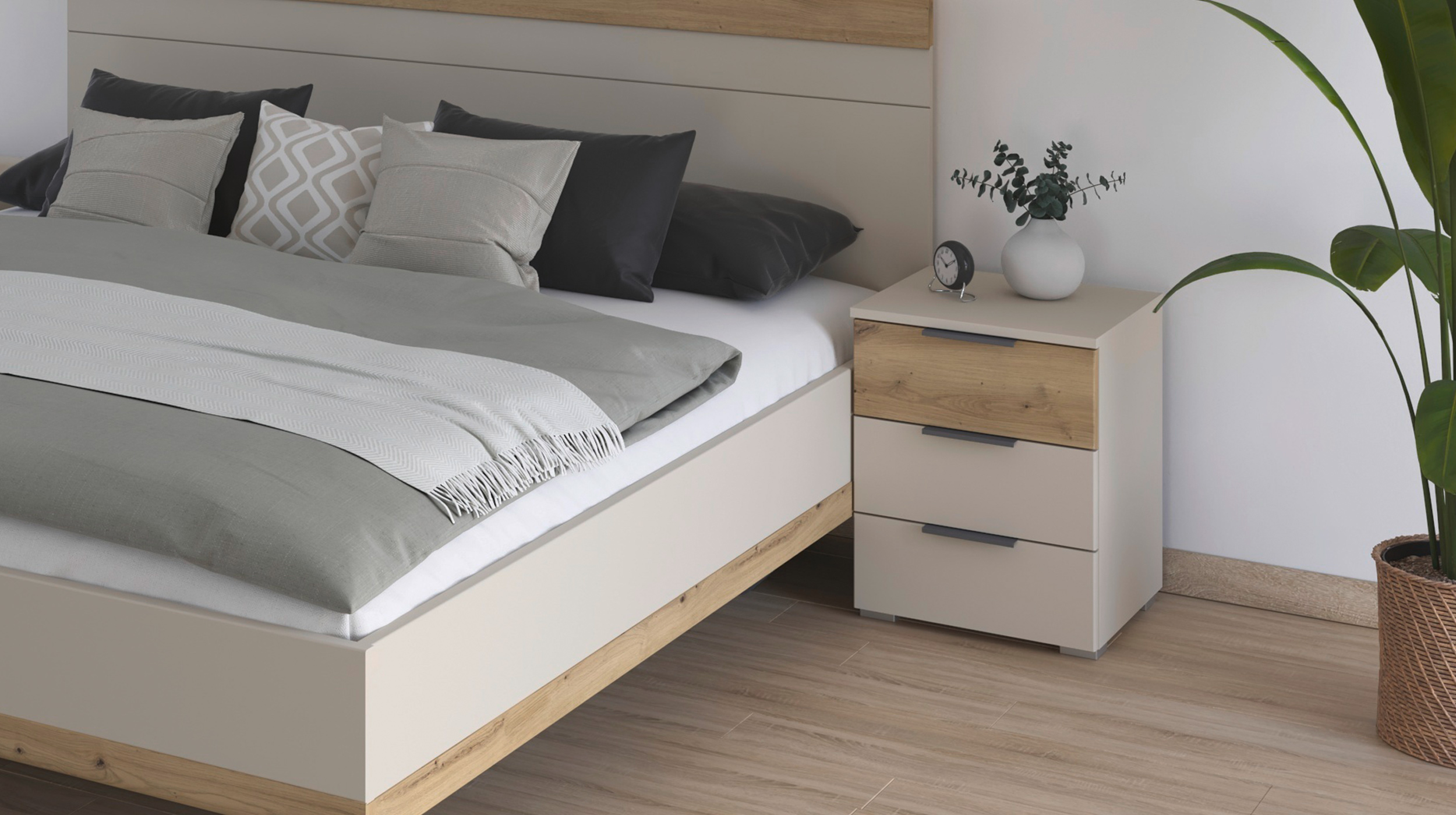 Nachttisch Paar beige Eiche 40 x 40 cm 3 Schubladen - SAJO