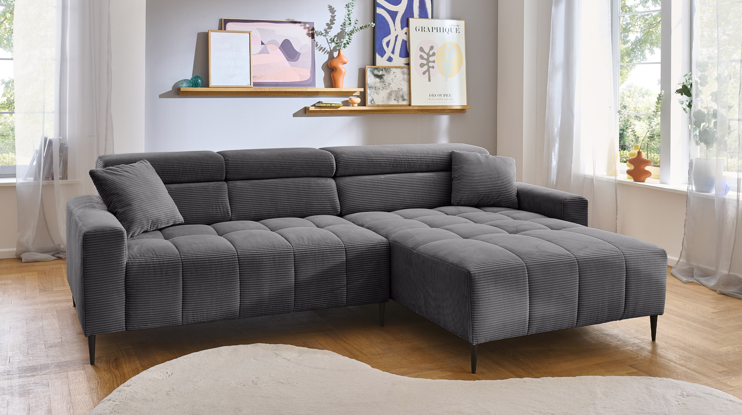 Ecksofa Cord grau ausziehbar - Sitztiefenverstellung 256 cm - OT rechts - SIMPLE Ecksofa Cord grau ausziehbar - Sitztiefenverstellung 256 cm - OT rechts - SIMPLE