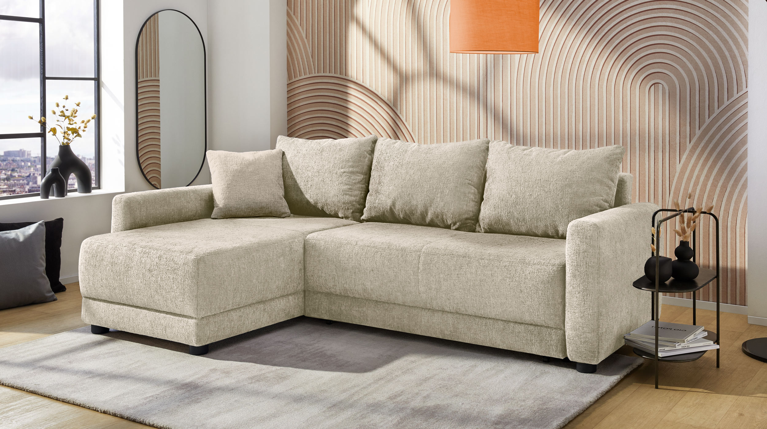 Ecksofa mit Schlaffunktion beige 232 x 154 cm Bettkasten - VENEZIA