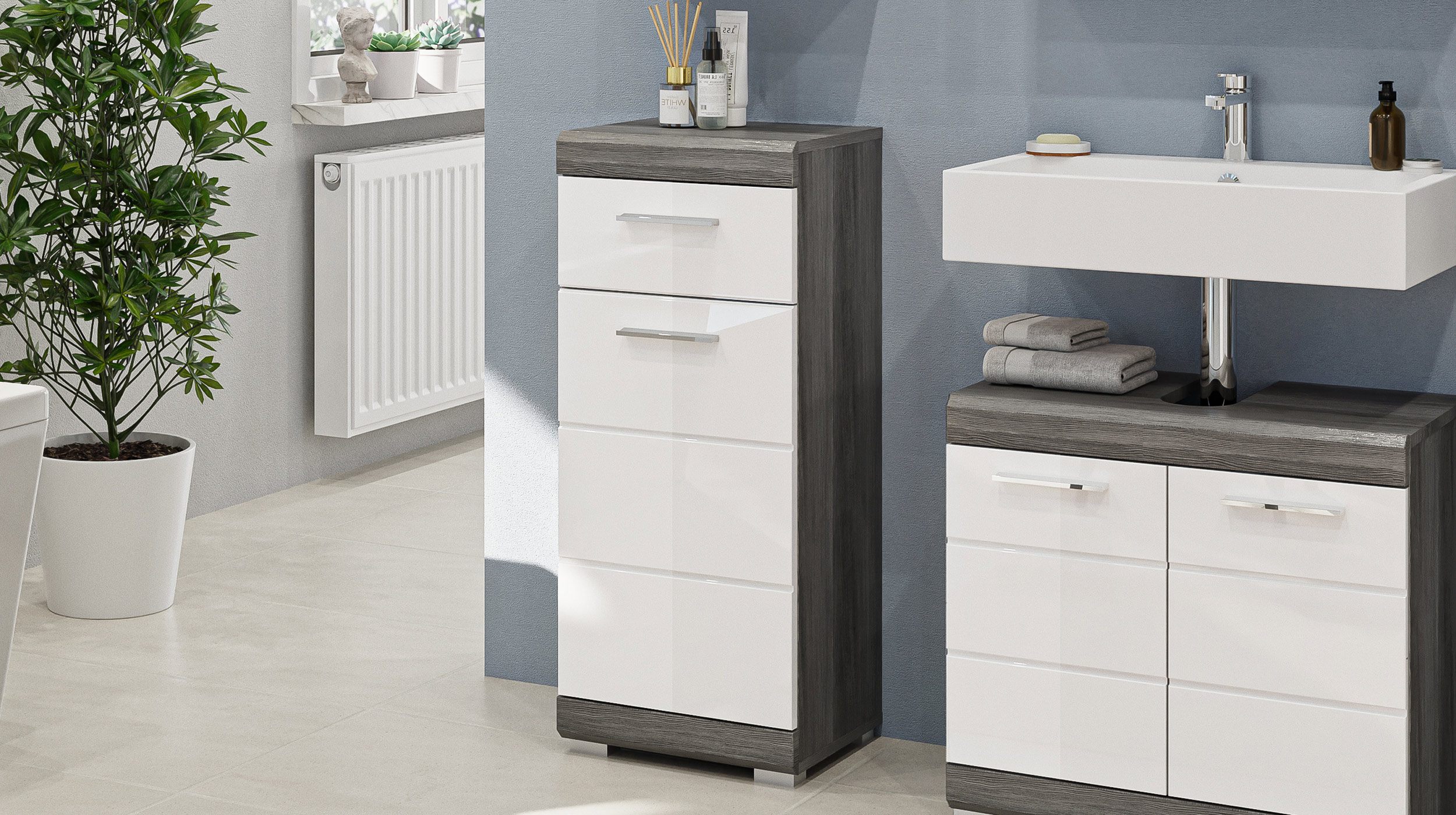 Bad Unterschrank weiß hochglanz - grau 37 cm - 1 Tür 1 Schublade - SCOUT