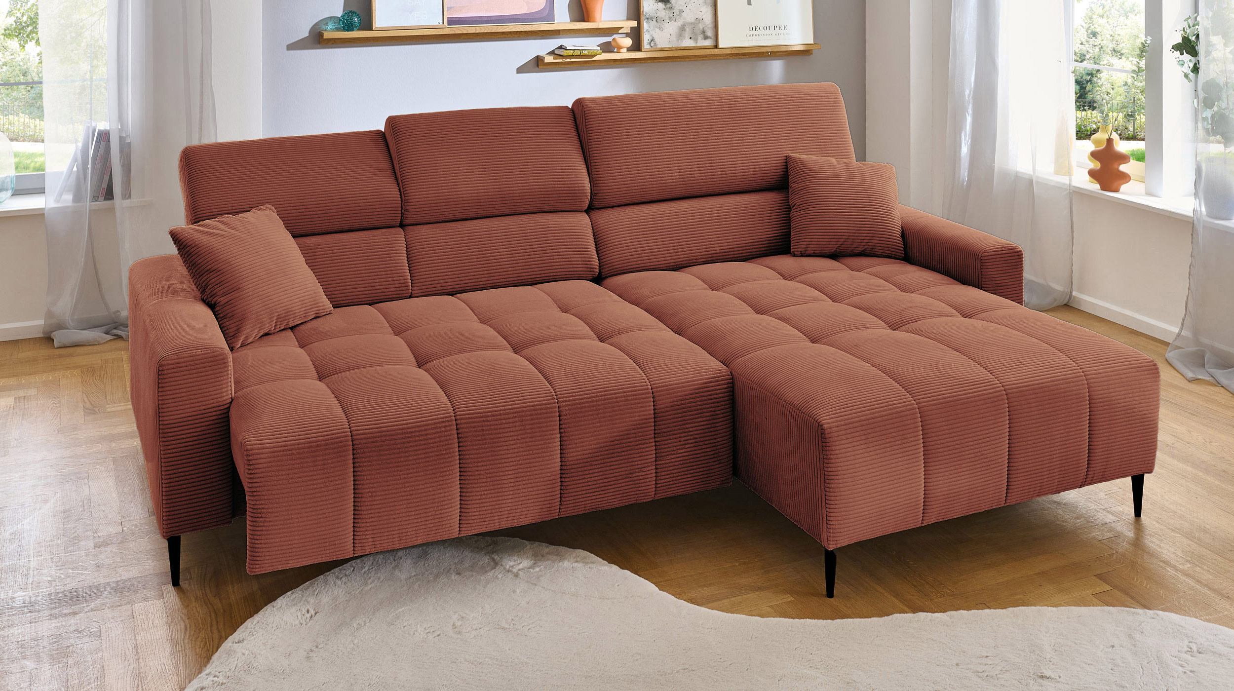 Ecksofa Cord rost ausziehbar - Sitztiefenverstellung 256 cm - OT rechts - SIMPLE Ecksofa Cord rost ausziehbar - Sitztiefenverstellung 256 cm - OT rechts - SIMPLE