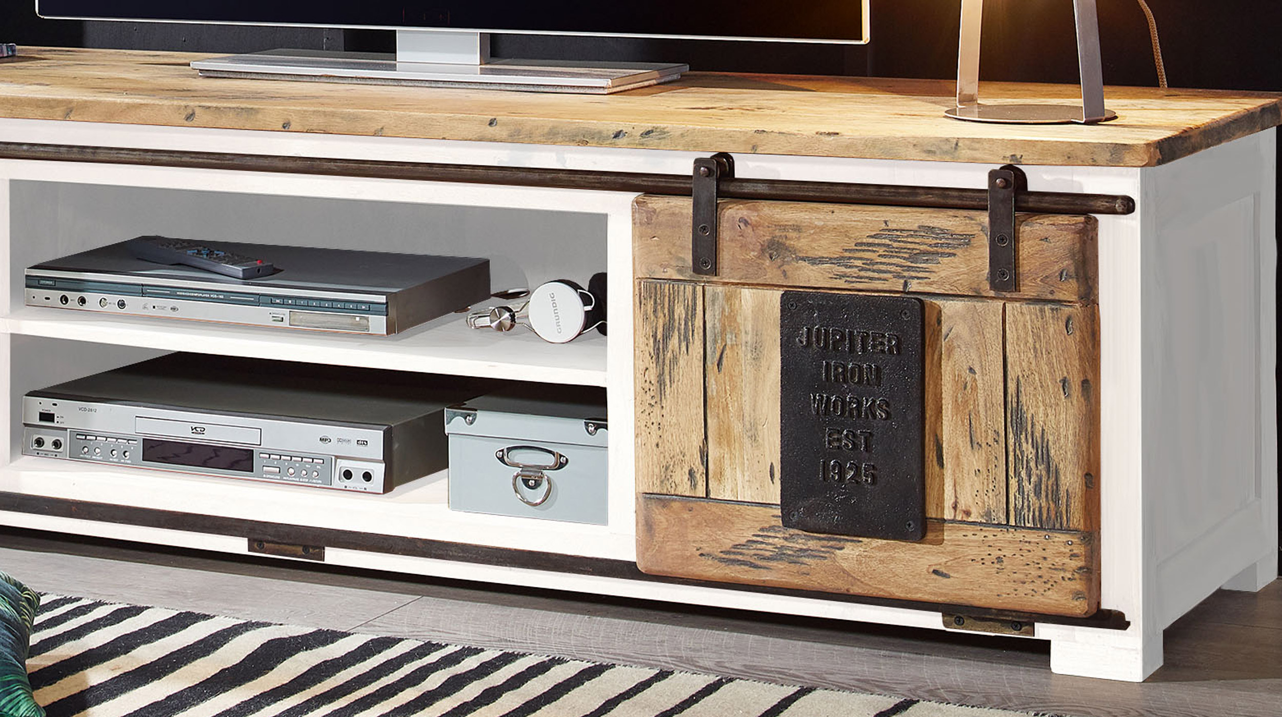 TV-Lowboard 2 Rolltüren Massivholz weiß Mango 180 cm - EMANUEL