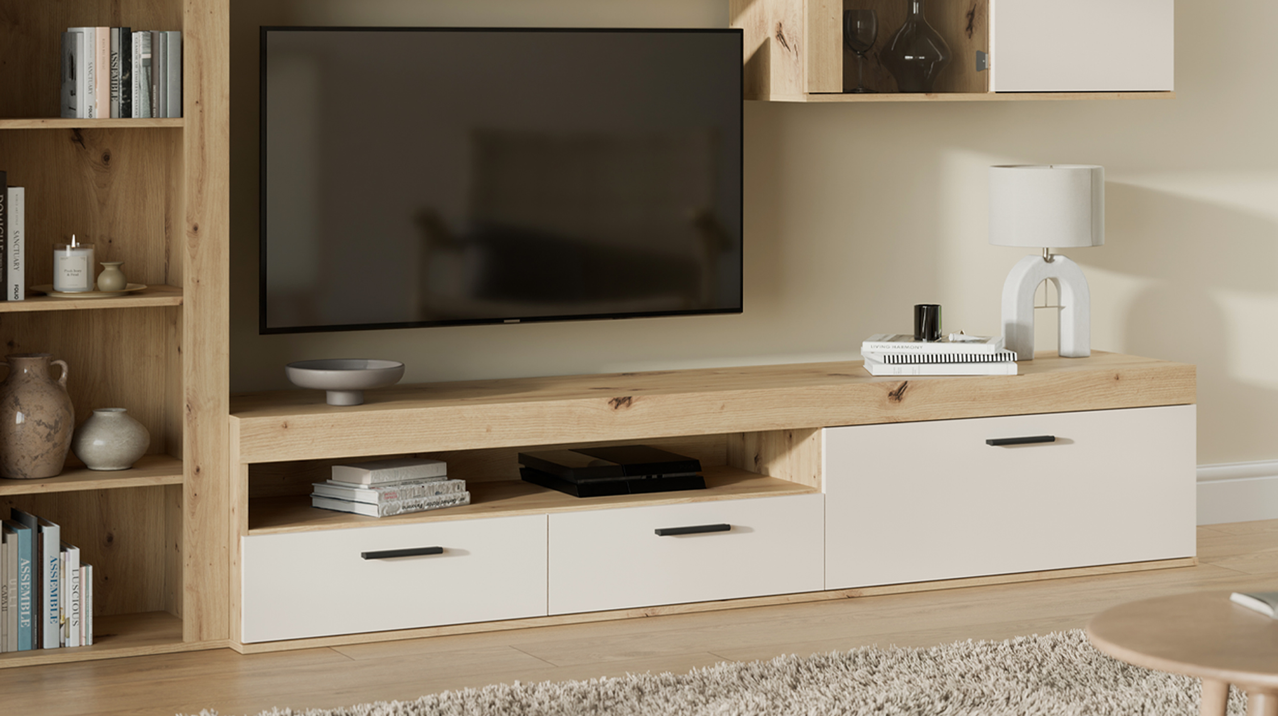 Wohnwand beige Artisan Eiche 300 cm LED-Beleuchtung - ZUMBA