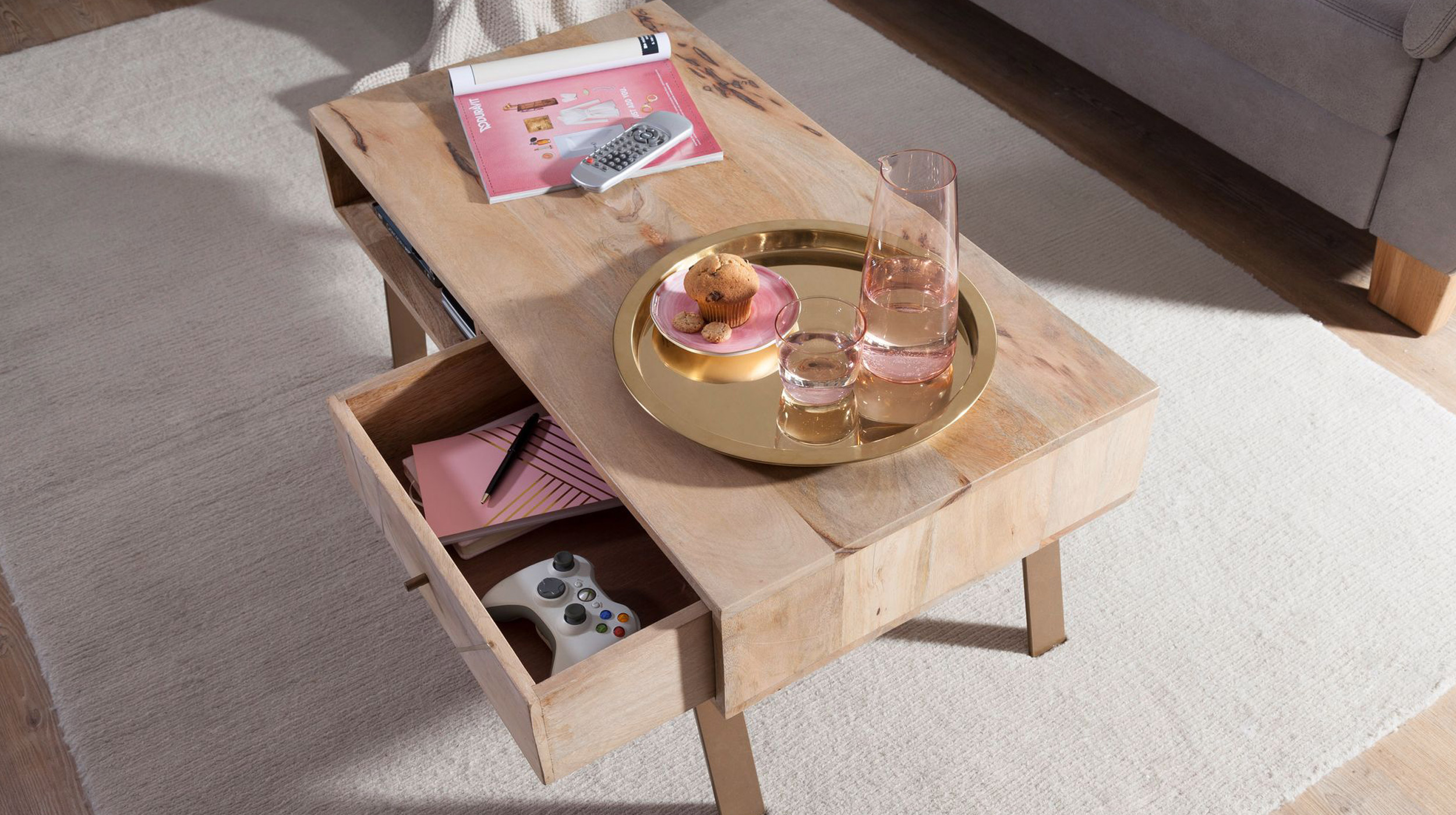 Couchtisch mit Schublade Mango massiv lackiert 95 x 50 cm - SILDAR 