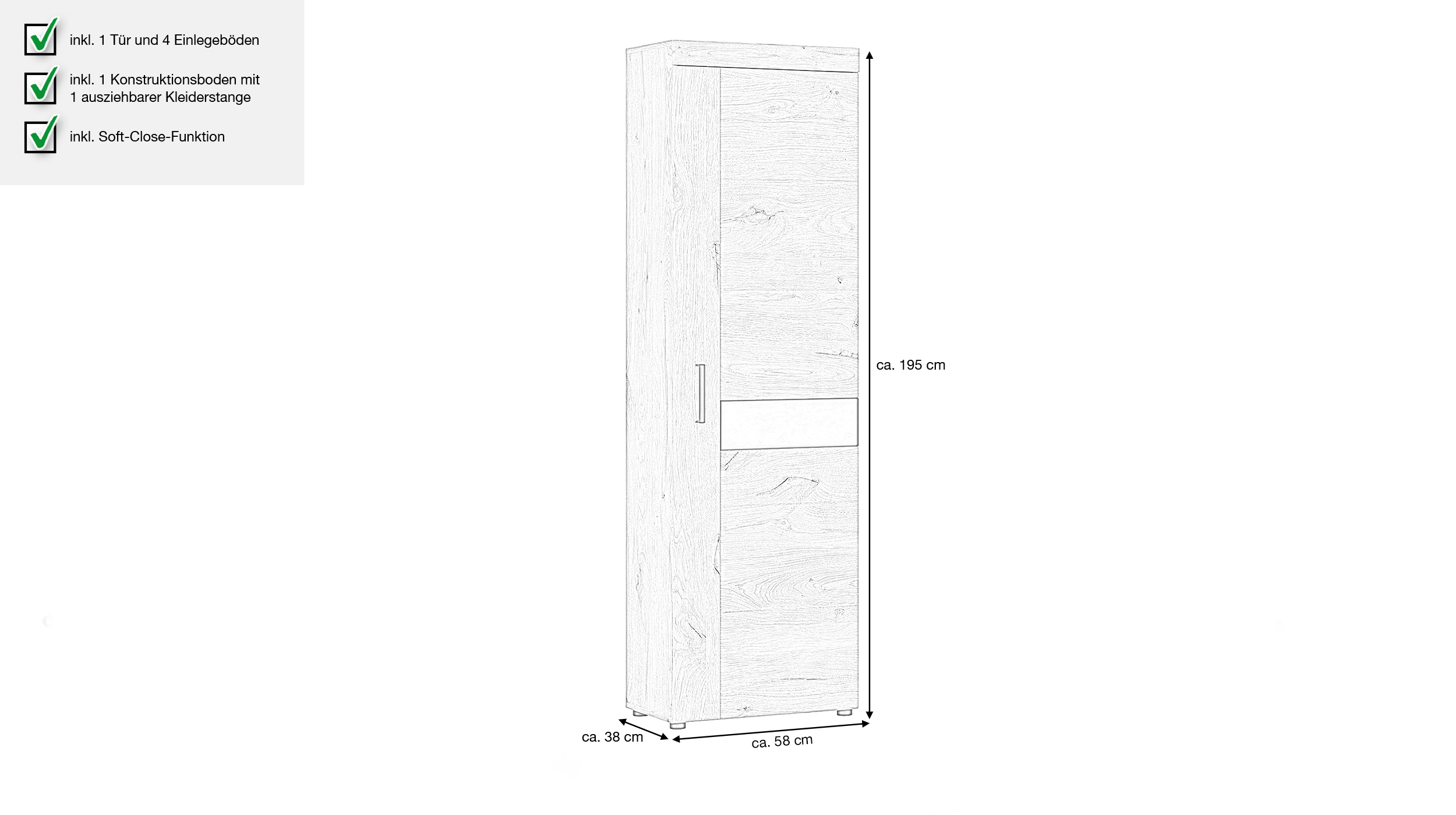 Garderobenschrank Viking Eiche - grau 195 cm - GRANO