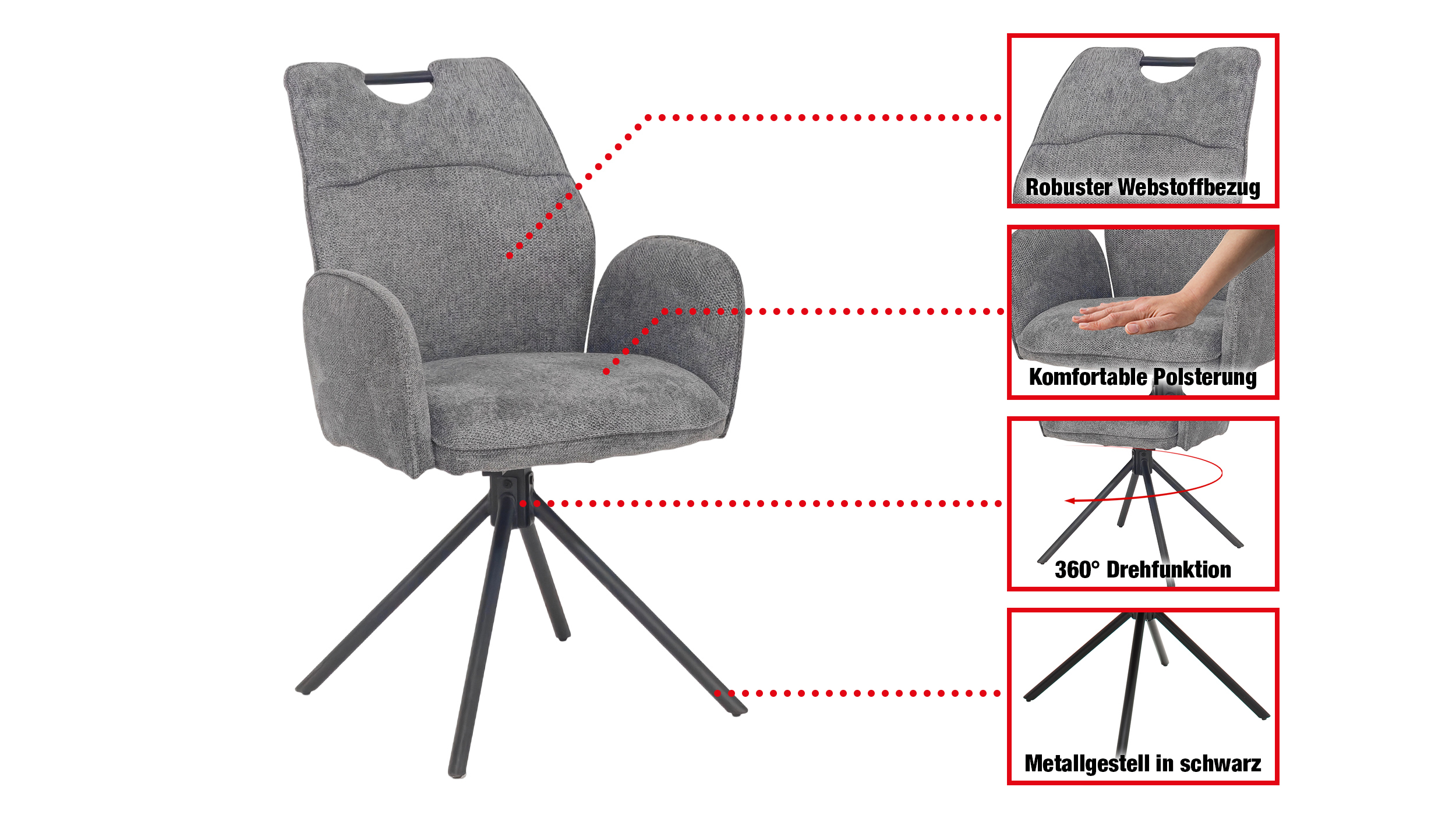 Armlehnstuhl dunkelgrau Drehstuhl - Webstoff Bezug - CARINA 