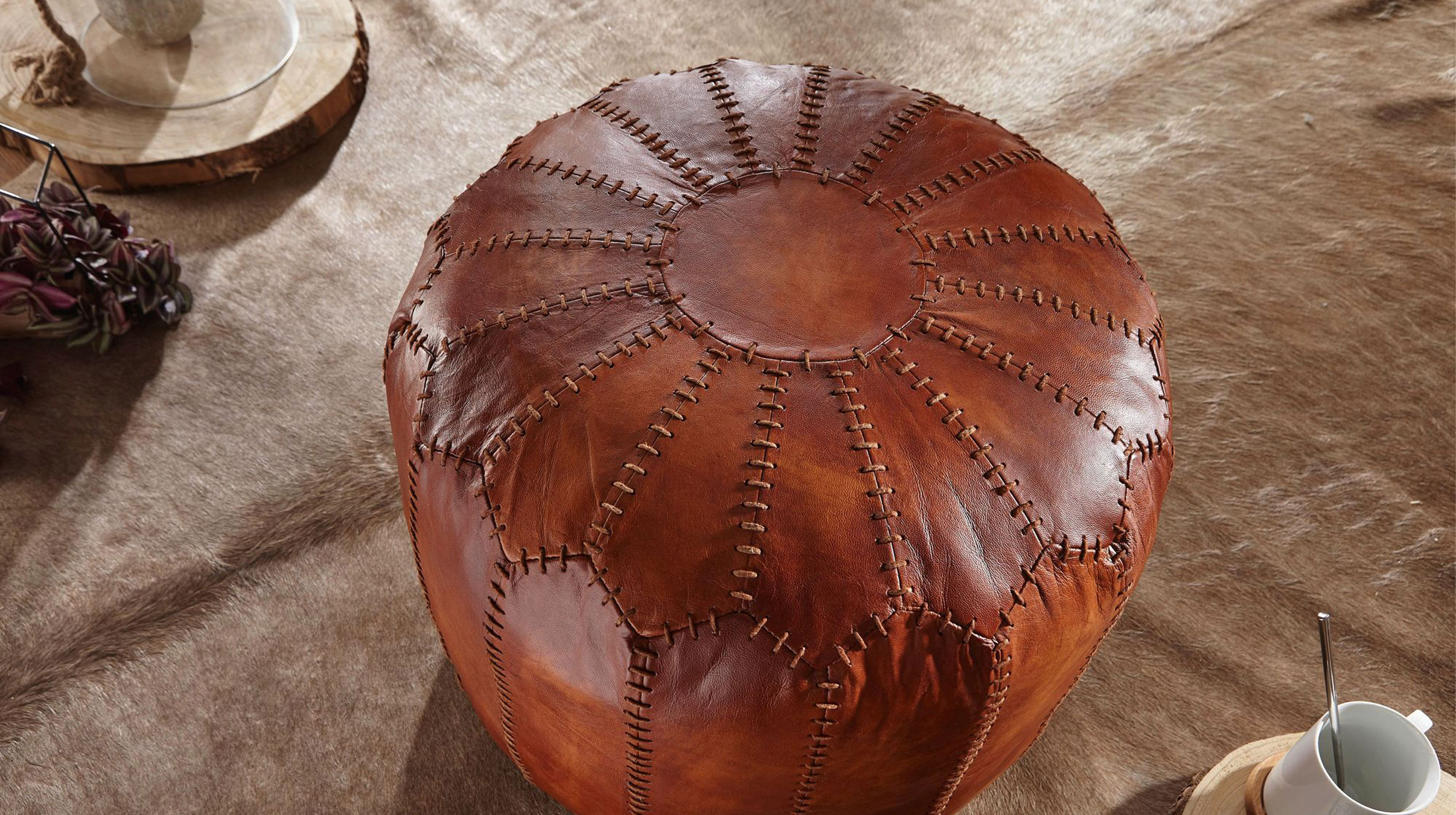 Sitz- & Fußhocker rund Echtleder braun - VILT