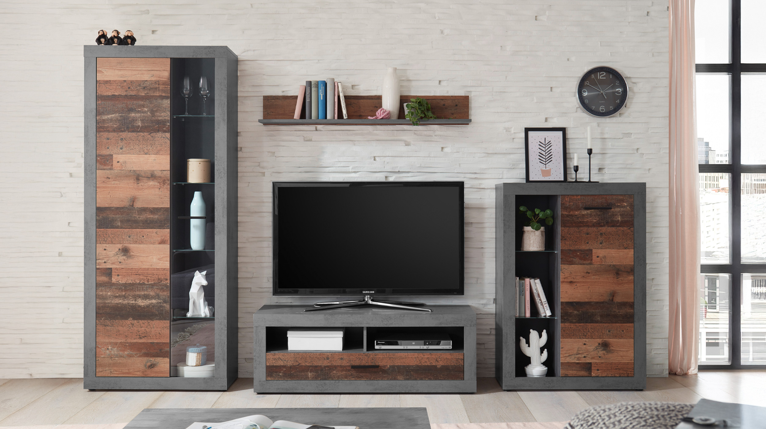 Wohnwand Old Wood - grau 305 cm Anbauwand - FULDA