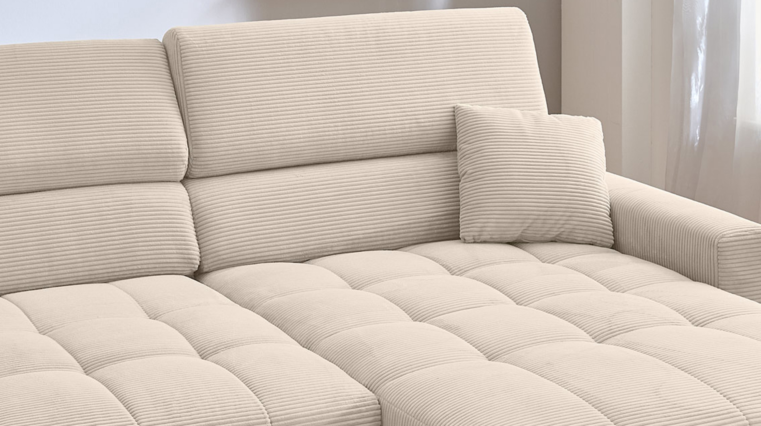 Ecksofa Cord beige ausziehbar - Sitztiefenverstellung 256 cm - OT rechts - SIMPLE Ecksofa Cord beige ausziehbar - Sitztiefenverstellung 256 cm - OT rechts - SIMPLE