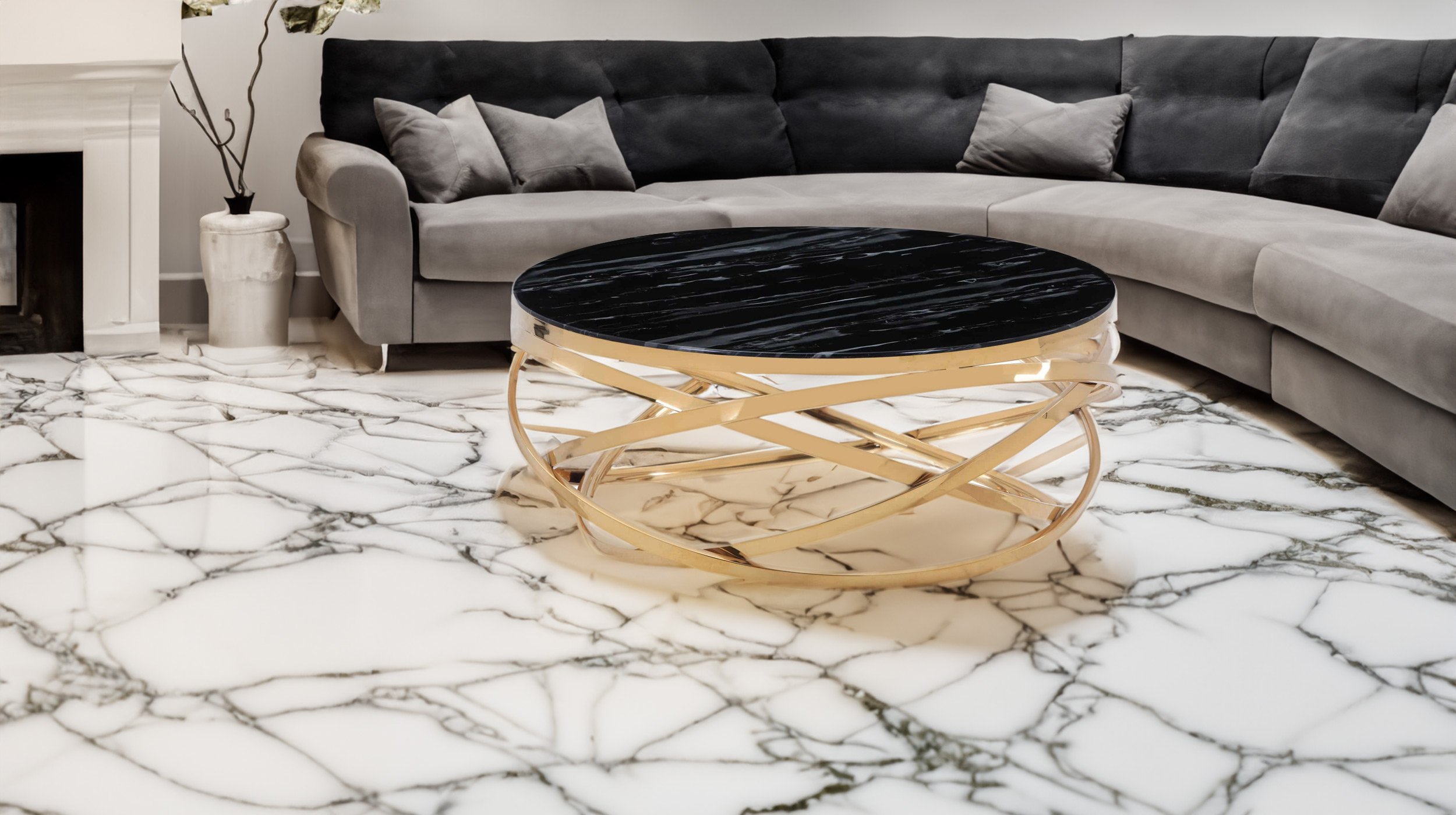 Couchtisch Glas Marmor-Optik goldfarben 90 x 90 cm - GALINA