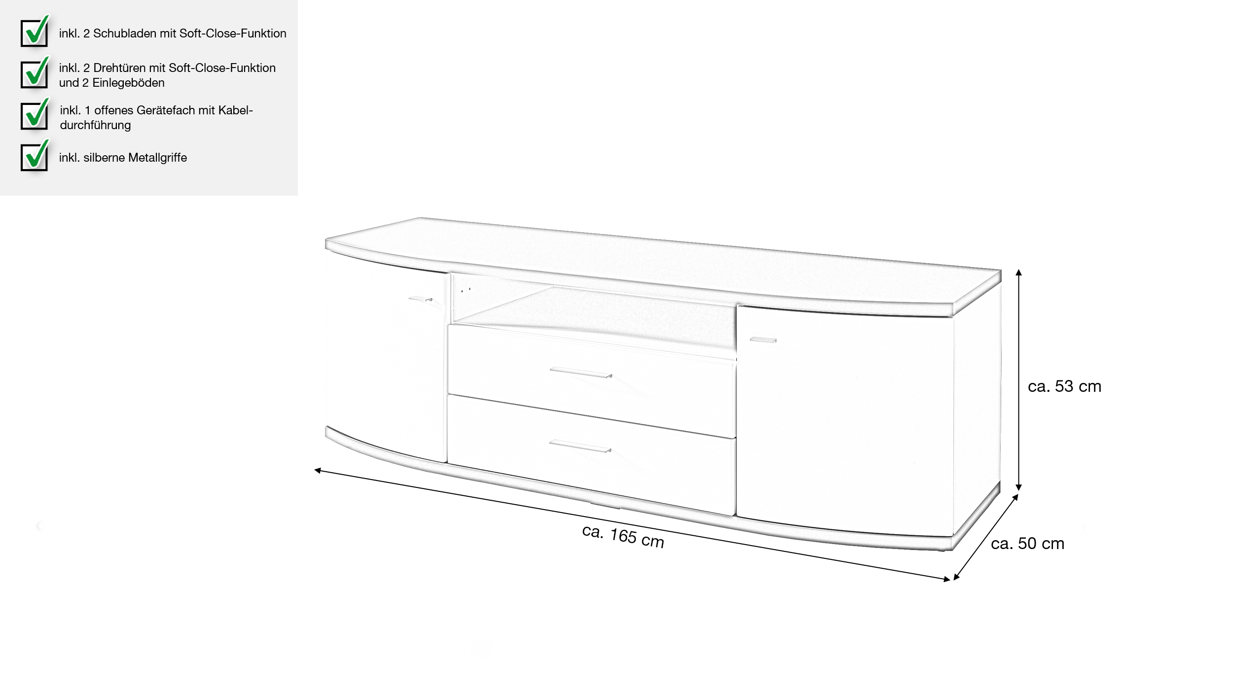 TV - Lowboard weiß hochglanz graphit 165 cm TV-Board - CABANA