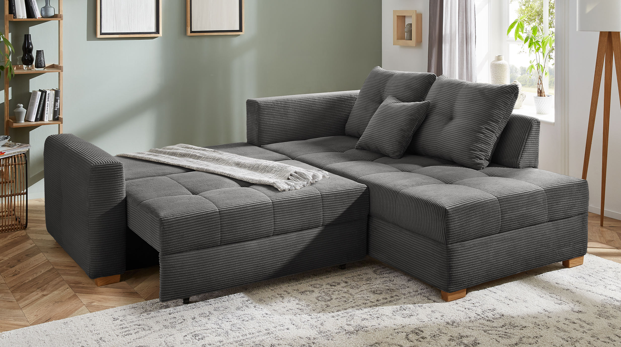 Ecksofa Cord dunkelgrau - Schlaffunktion Bettkasten 228 cm - HEIDELBERG