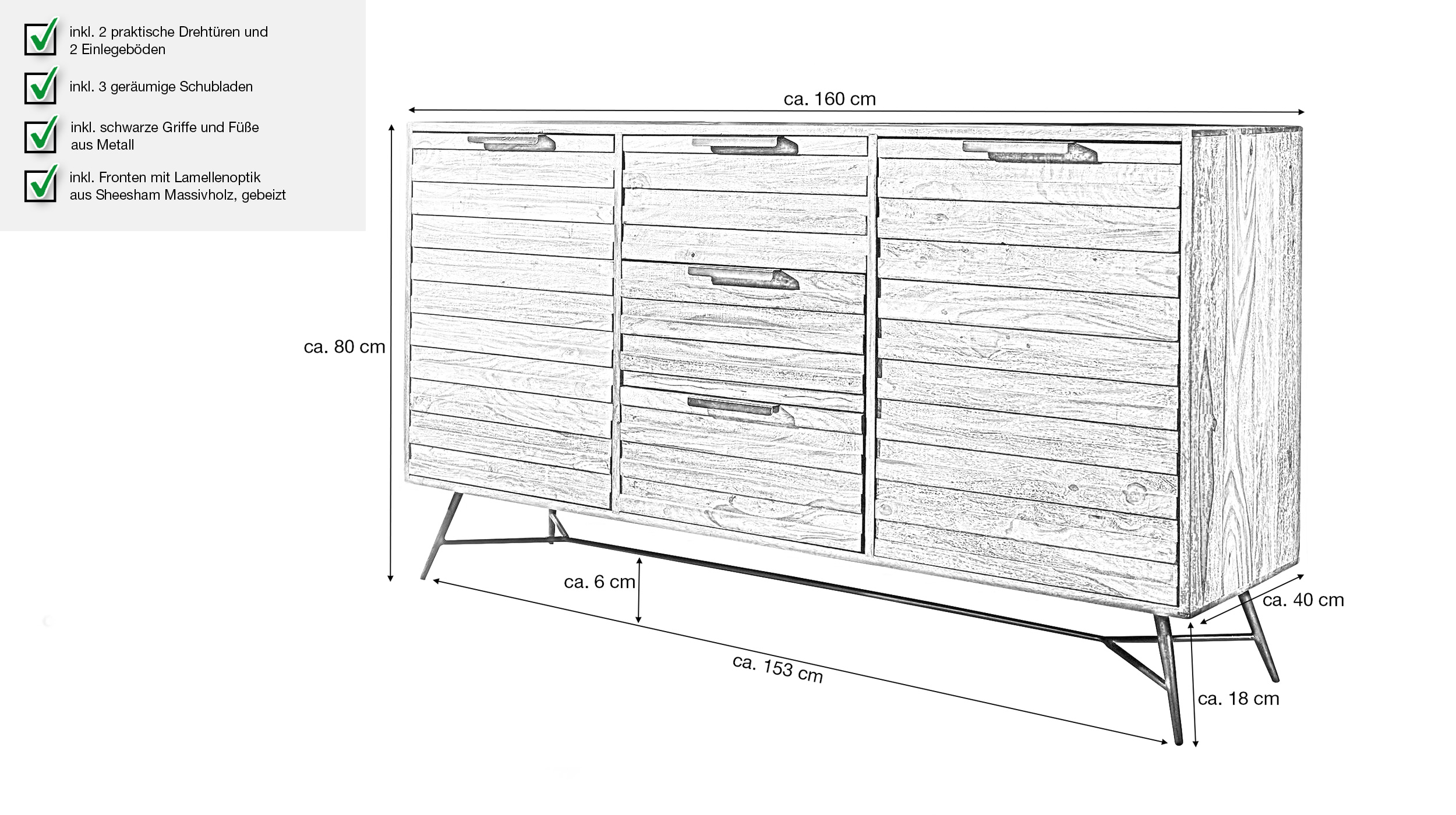 Sideboard 3 Schubladen Sheesham massiv gebeizt 160 cm - TORHILD