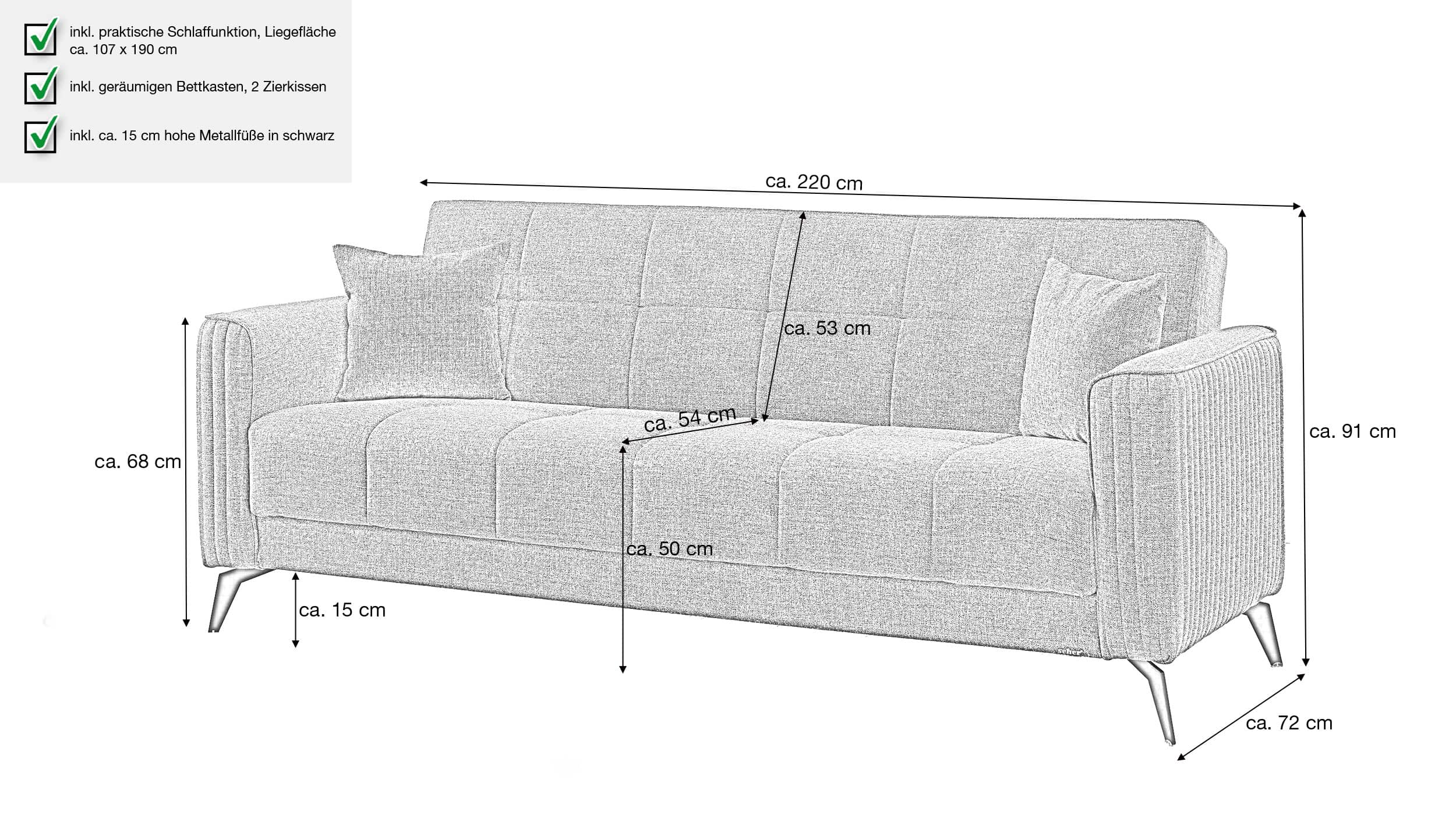 Einzelsofa 3-Sitzer mit Schlaffunktion 220 cm anthrazit - BELSAMO