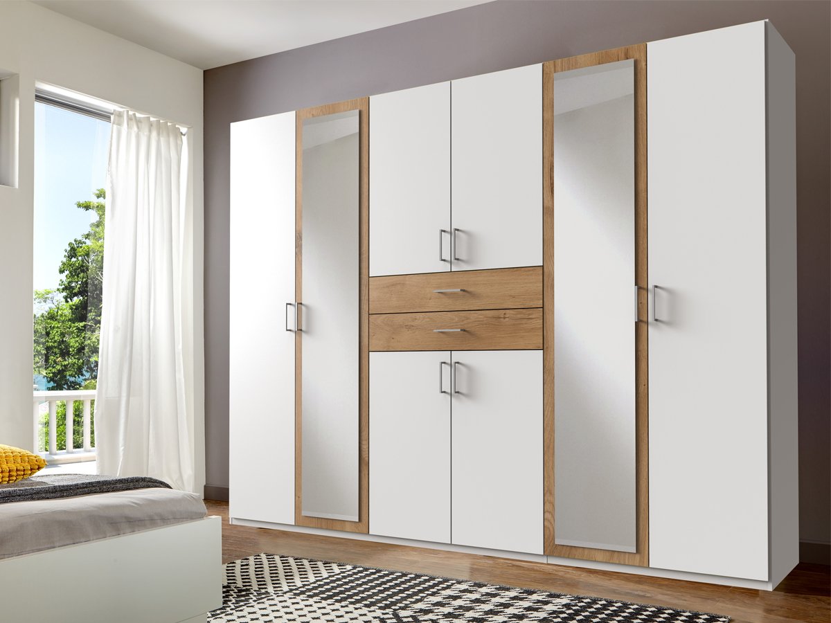 Kleiderschrank mit Spiegel - weiß - Plankeneiche - 270 cm - DIVER