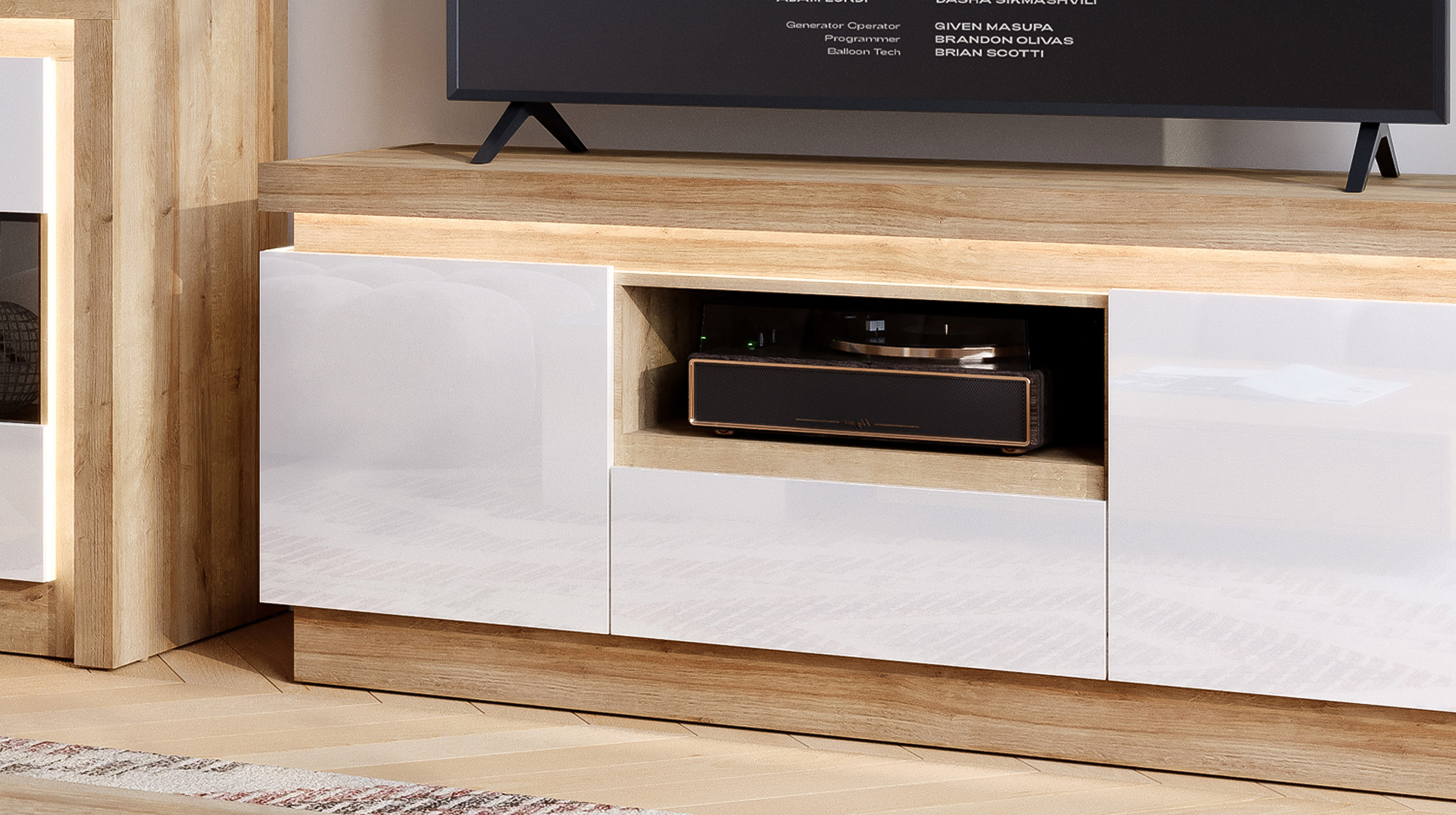 TV - Lowboard mit Beleuchtung weiß Hochglanz - Eiche 160 cm - LYON