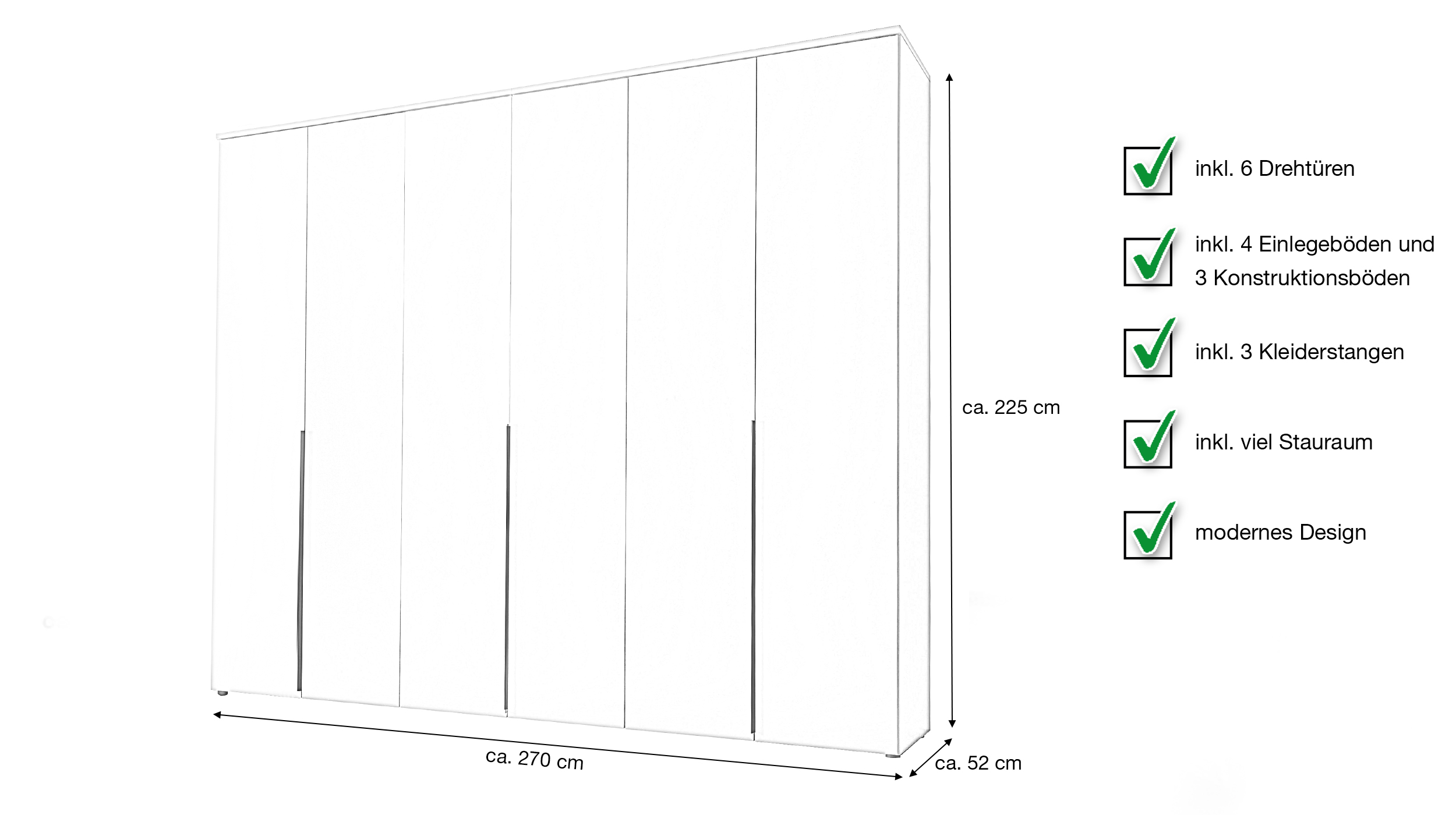 Kleiderschrank weiß - 270 cm - Kleiderschrank 6-türig - KEVO