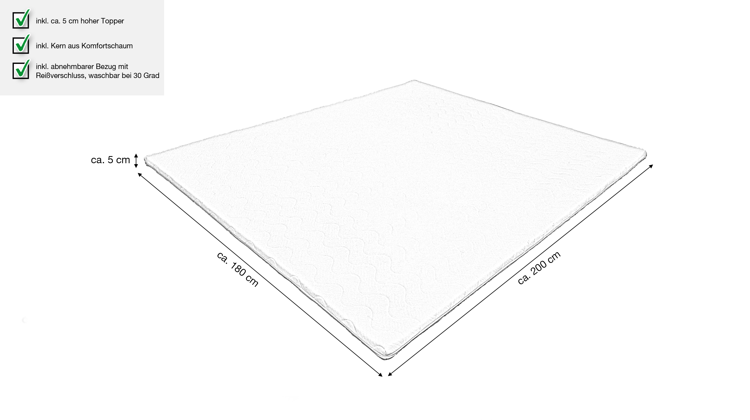 Komfortschaum - Topper 180 x 200 cm Höhe 5 cm - PRATO