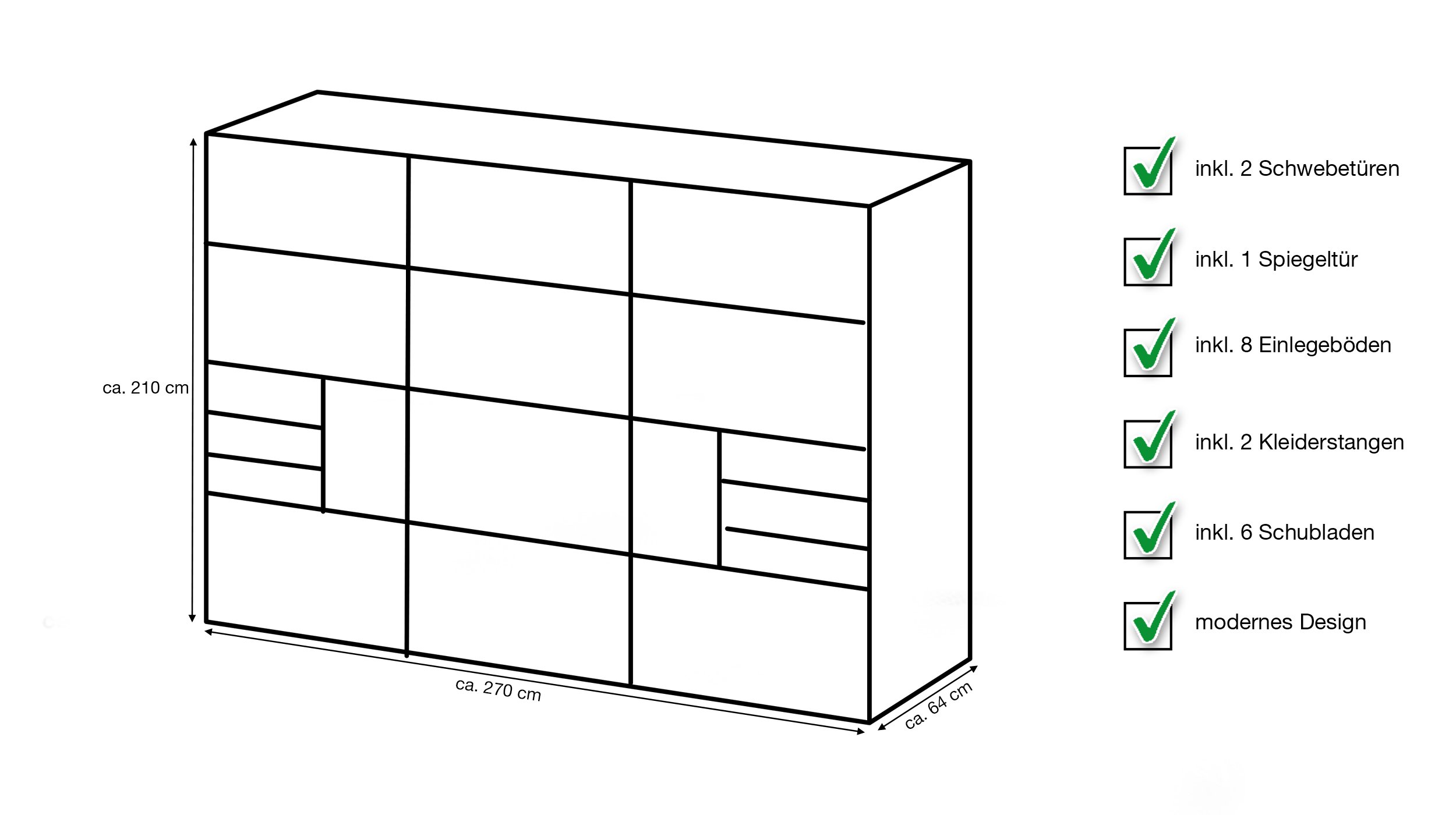 Schwebetürenschrank weiß mit Spiegel - 270 cm - SAIGON