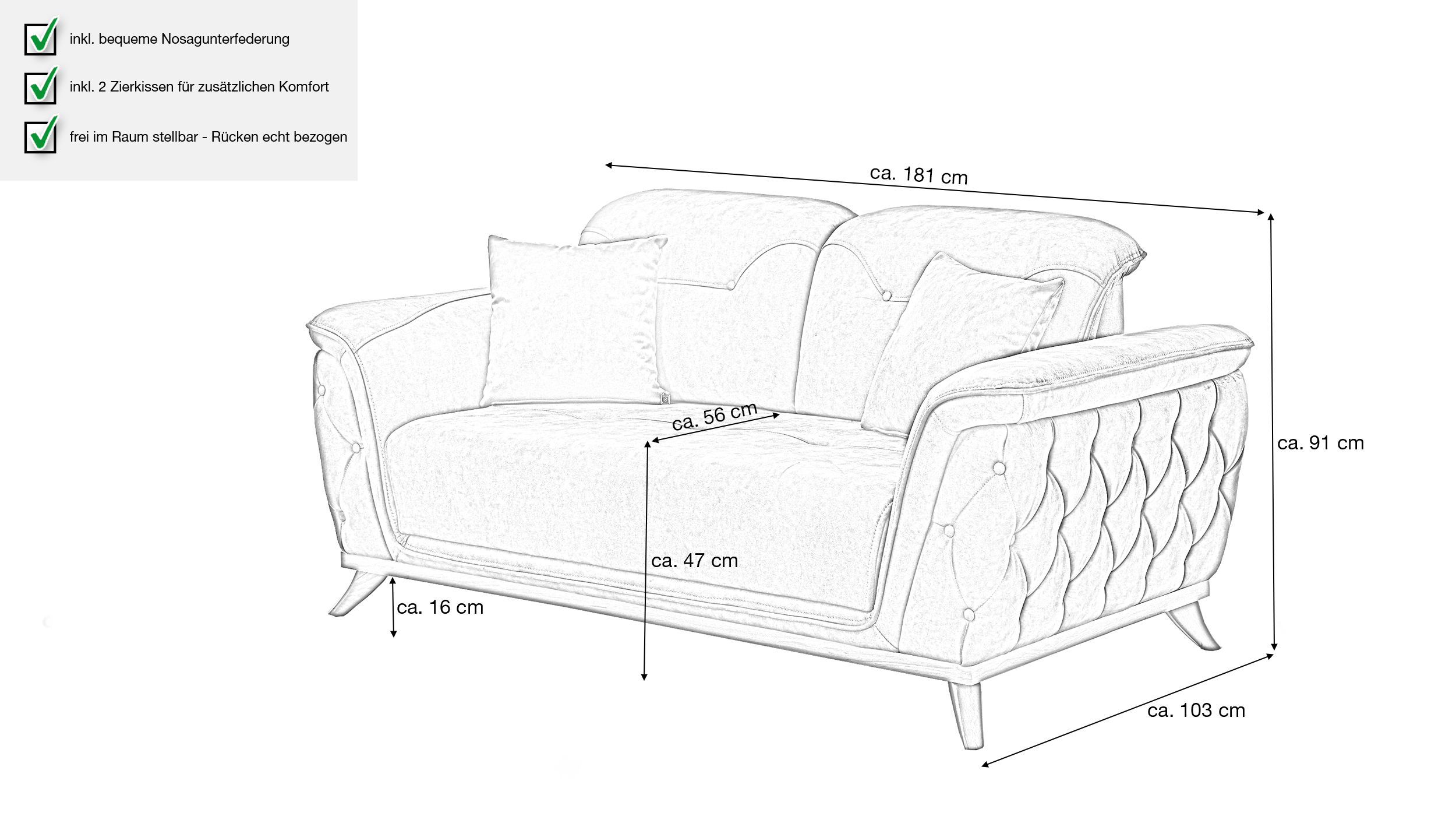 Einzelsofa 2-Sitzer anthrazit 181 cm - ALBERTO