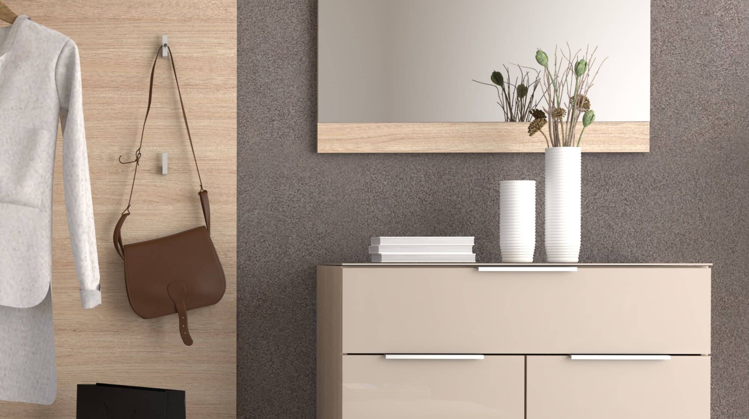 Garderoben-Set beige Glasfront Eiche 255 x 196 cm - SANTORIN